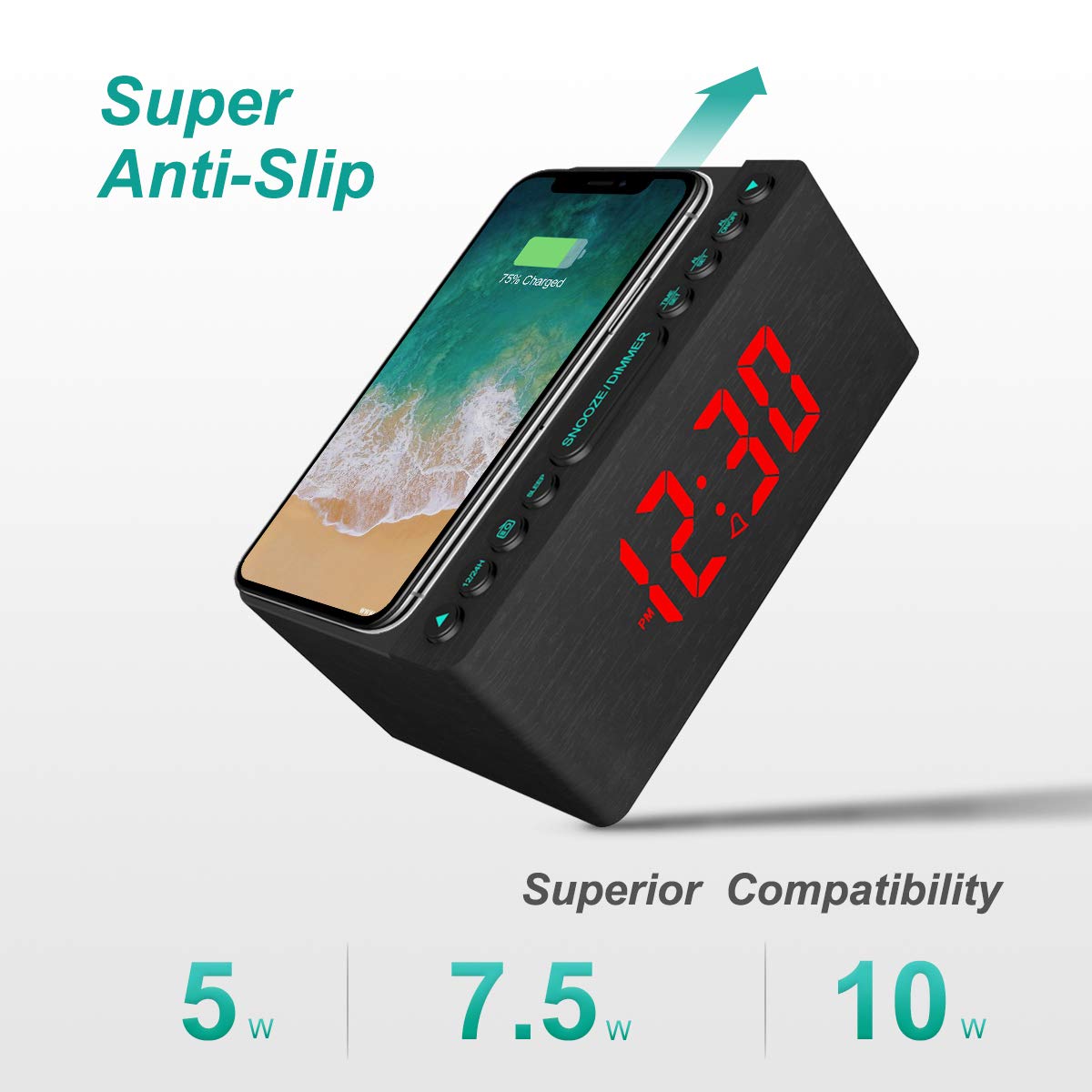 ANJANK Wooden Digital Alarm Clock FM Radio,Qi Certified Fast Wireless Charger Station for iPhone/Samsung,Dimmable LED Display,USB Charging Port,Sleep Timer,Wood Modern Clock for Bedroom Bedside(Black)