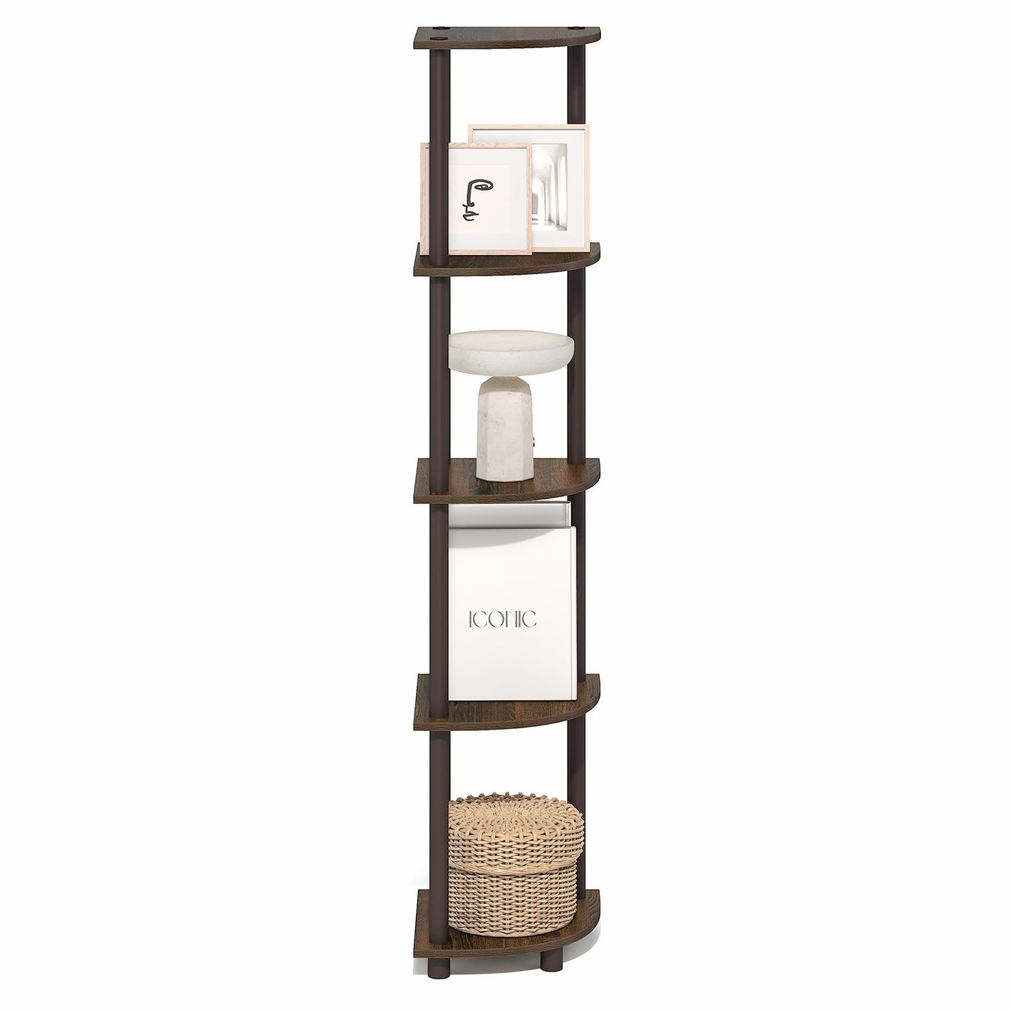 Furinno Turn-N-Tube Corner Shelf, 5-Tier Corner Bookshelf, Open Storage Shelves, for Organization and Storage, Living Room, Home Office, Garage, Bedroom, Black Walnut