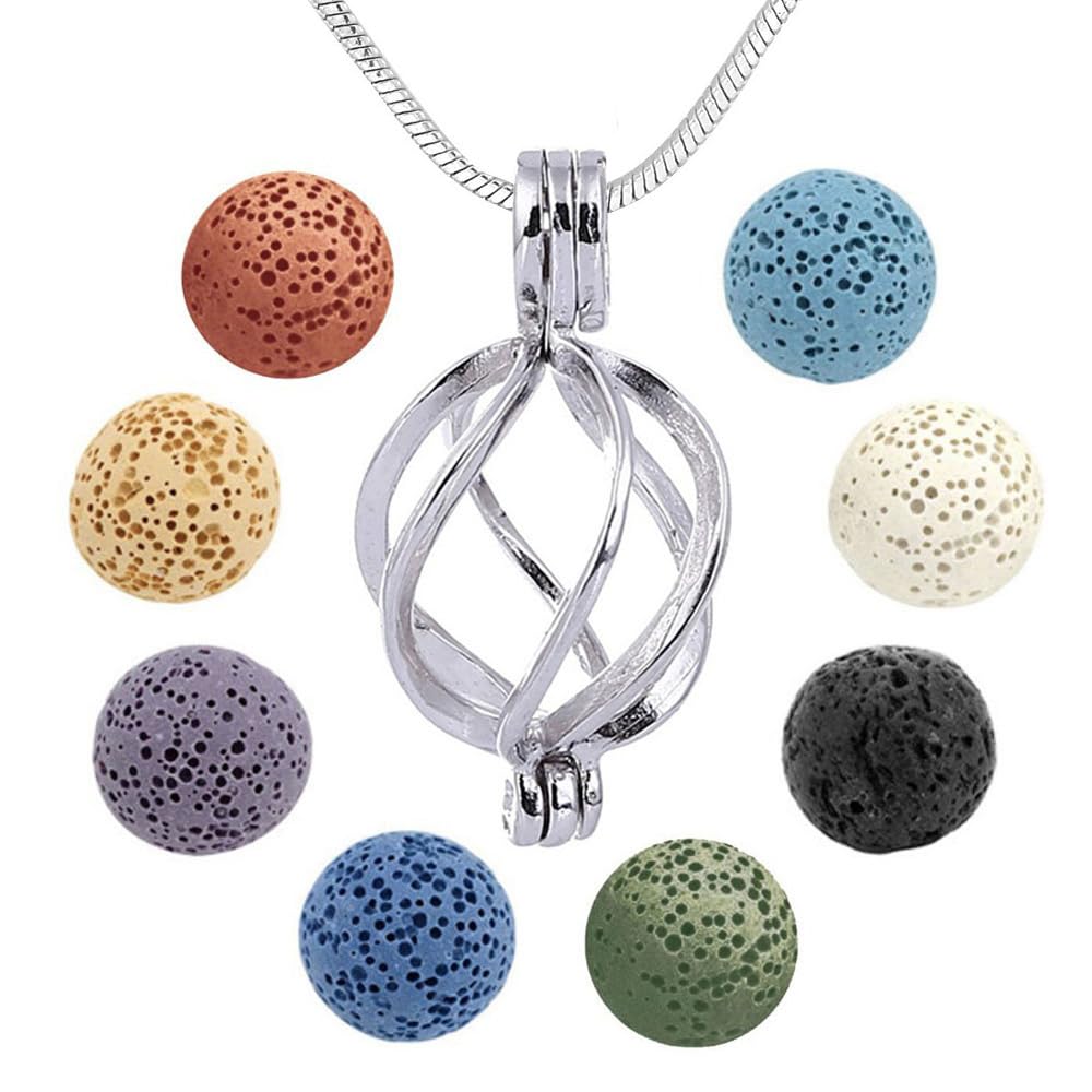boqopod Essential Oil Diffuser Necklace Twisted Ball Aromatherapy Locket Pendant with 8 Lava Stone Balls 0.24'
