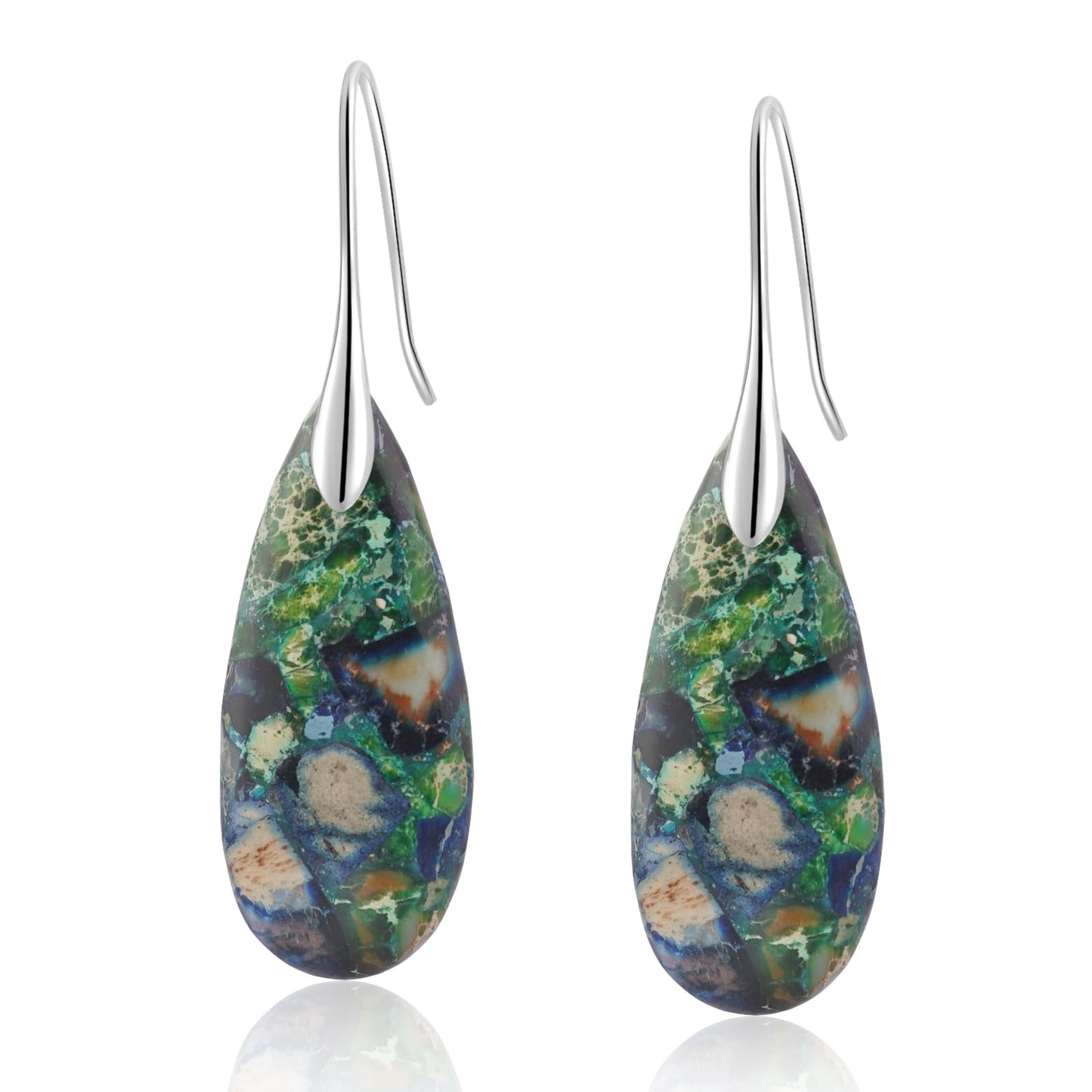 Sriomu Natural Healing Stone Fishhoop Dangle Drop Earrings Statement Gold silver earrings (Green Blue-Silver Hook)