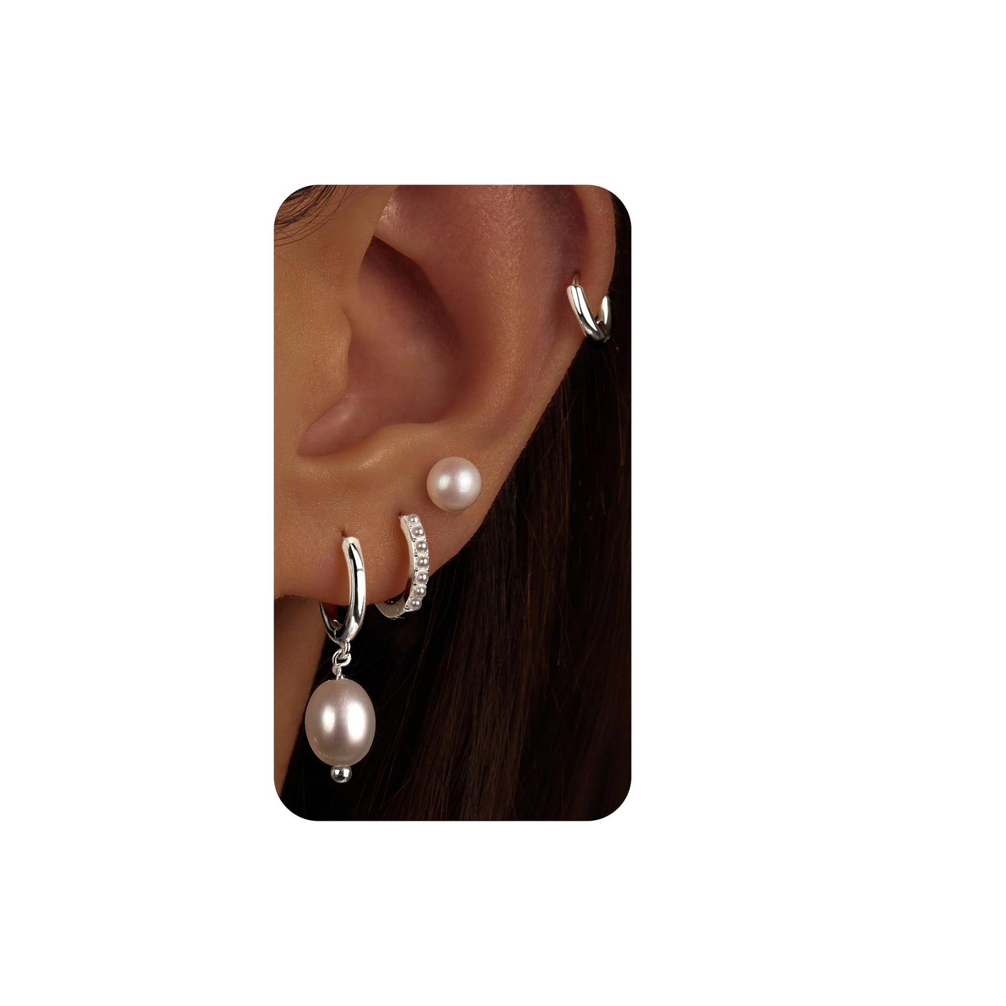 Silver Pearl Earrings for Women,Huggie Small Stack Cartilage Stud Hoop Earring Sets for Multiple Double Piercing, Conch Helix Rook Tragus Daith Piercing Silver Clip On Jewelry Set Gifts