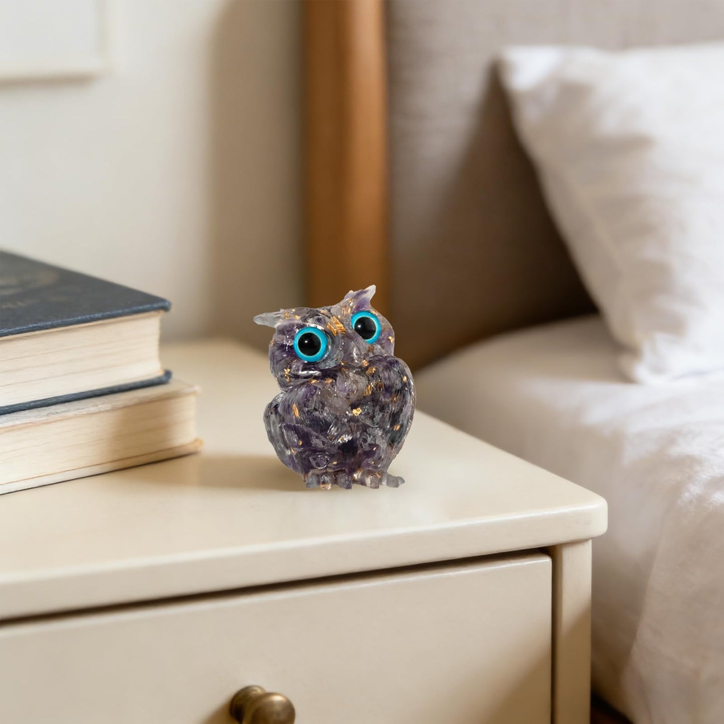 PinpinPony Owl Statue, Natural Gemstones Decor for Home Office, Shelf Display Figurine, Handcrafted Unique Owl Sculpture(Purple)