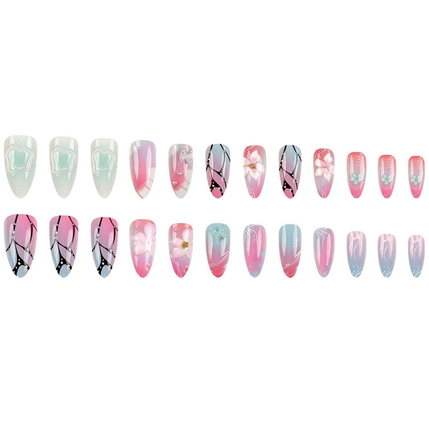 Short Press on Nails Almond Fake Nails Ombre False Nails Cute Artificial Nails with 3D Flora and Butterfly Designs Acrylic Nail Press ons Pink Flowers Stick on Nails for Women 24pcs