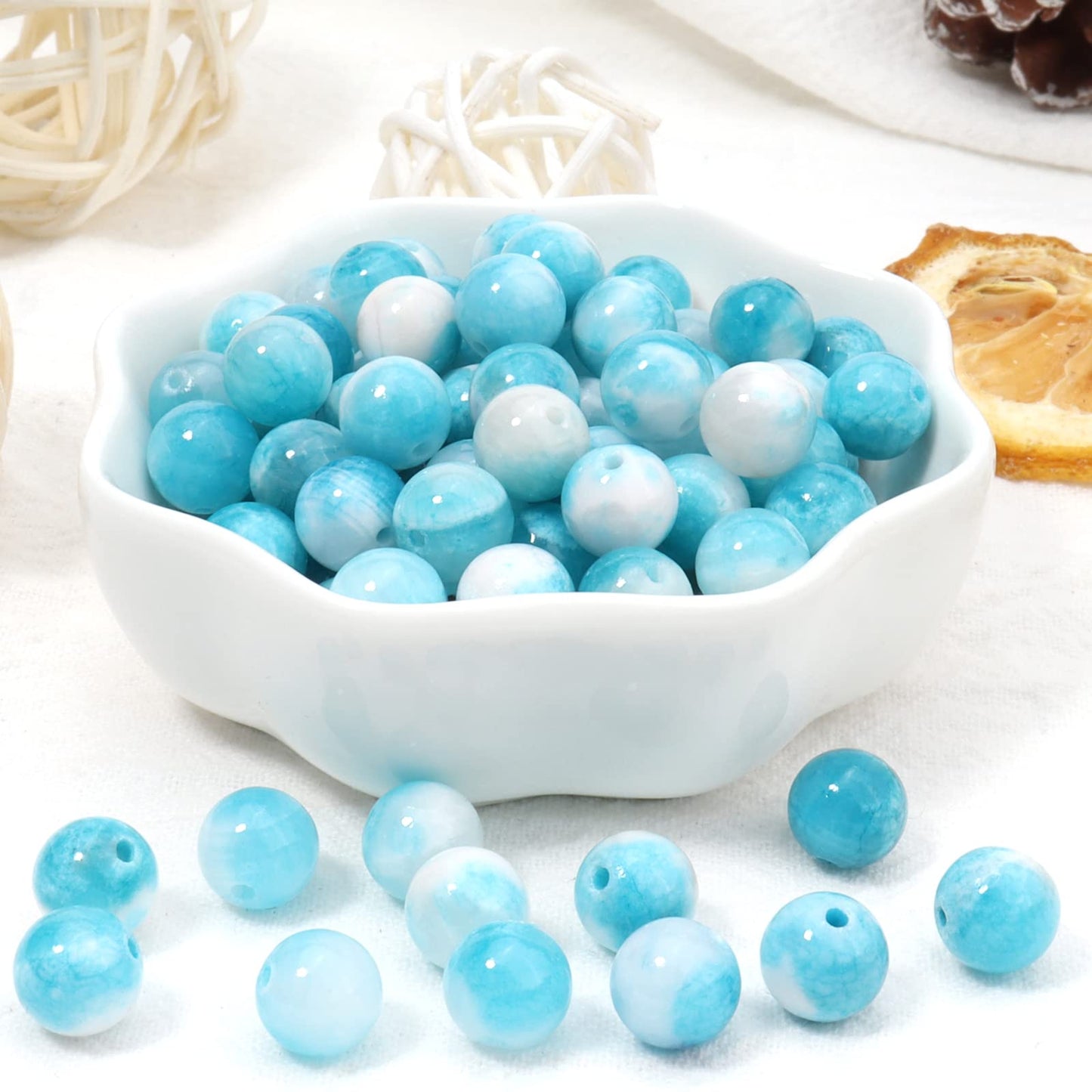 45pcs 8mm Natural Blue White Persian Jade Gemstone Beads Energy Healing Crystal Round Loose Stone Beads for Jewelry Making, DIY Bracelets Necklaces