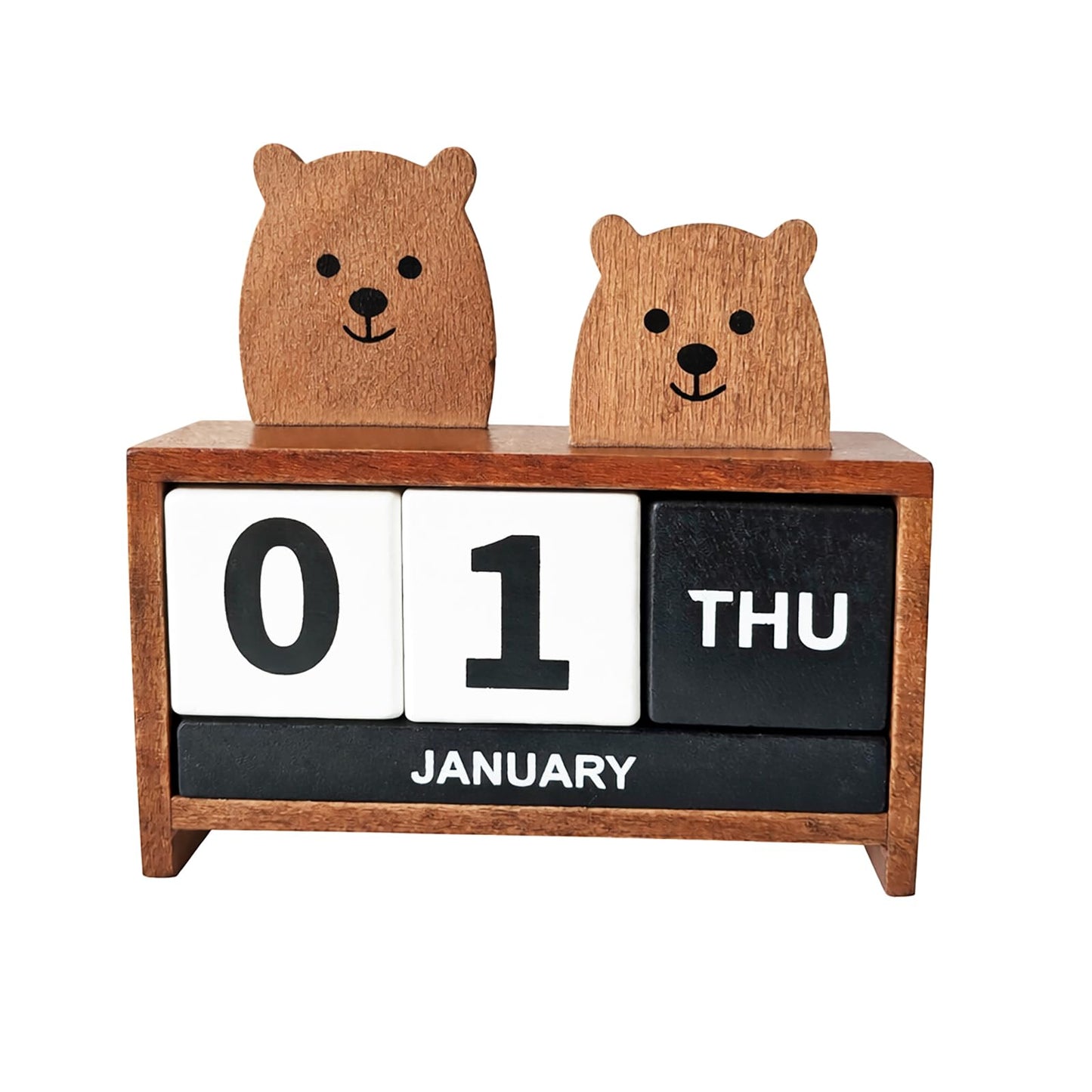 Wooden Perpetual Block Calendar for Desk, Wood Month Date Display Blocks for Teachers, Students, Classroom, Rustic Farmhouse Office Decor, Desk Accessories （Two Cute Bears)
