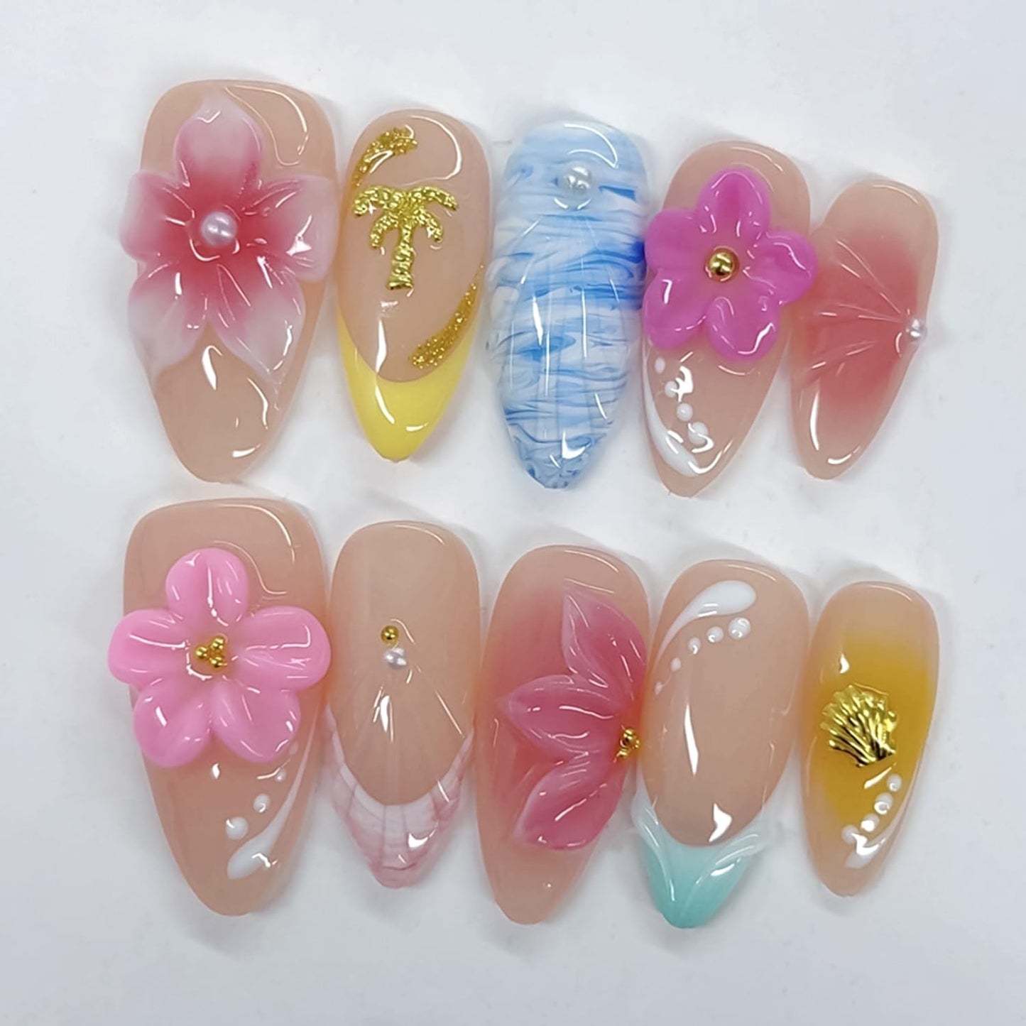 10 Pcs Handmade Press on Nails Medium Almond Thick Acrylic Nails with Glue,Tropical Art Fake Nails with Colorful Flowers Designs Nature Stick on Nail False Nails for Women(S)