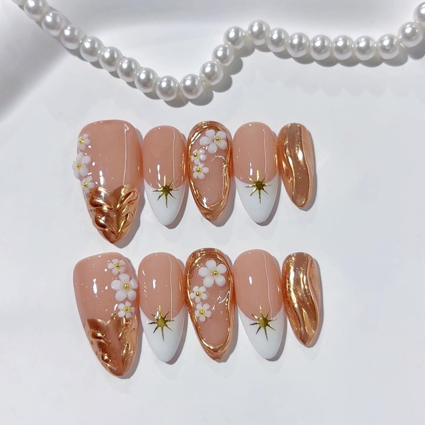 10Pcs Handmade Flower Press on Nails Almond Fake Nails French Tip False Nail with 3D Floral Rhinestone Design Handmade Acrylic Nails Press ons Spring Summer Flower Stick on Nails for Women (S)