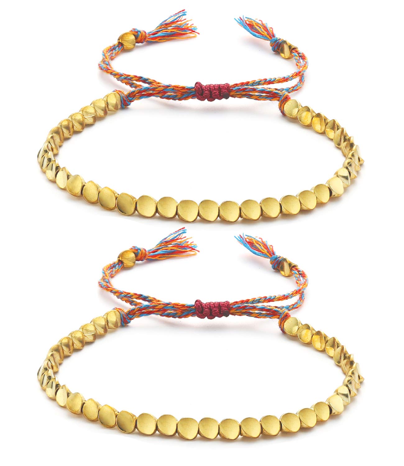 Wremily 2 Pcs Tibetan Copper Bead Adjustable Braided Cotton Bracelet Set Handmade Lucky Rope Bracelet Gift for Women Men