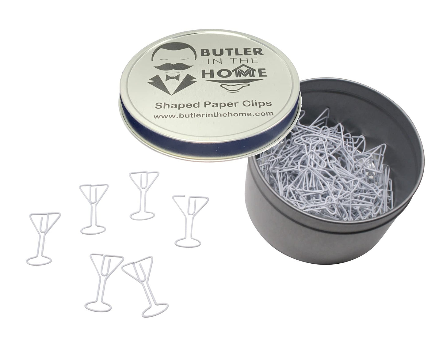 Butler in the Home 100 Count Martini Shaped Paper Clips Great for Paper Clip Collectors or Office Gift - Comes in Round Tin with Lid and Gift Box (White)