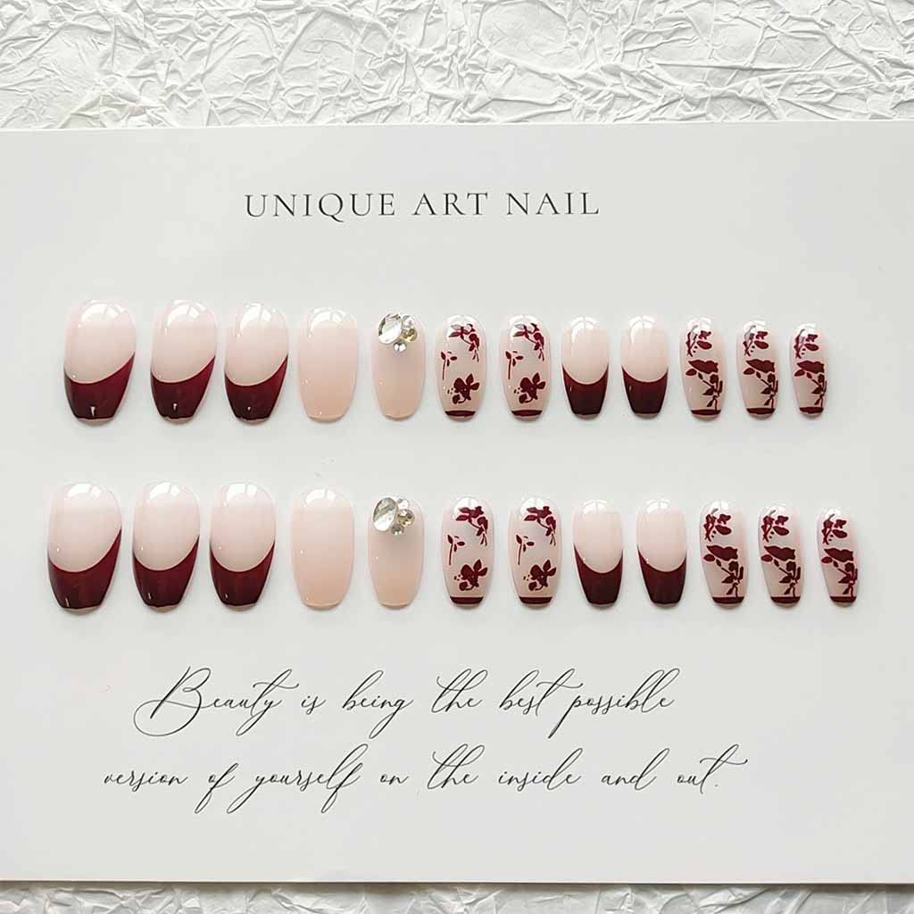 RikView French Tip Press on Nails Long Acrylic Nails Red Coffin Acrylic Nails with Fall Design Full Cover Nails 24 PCs/Set