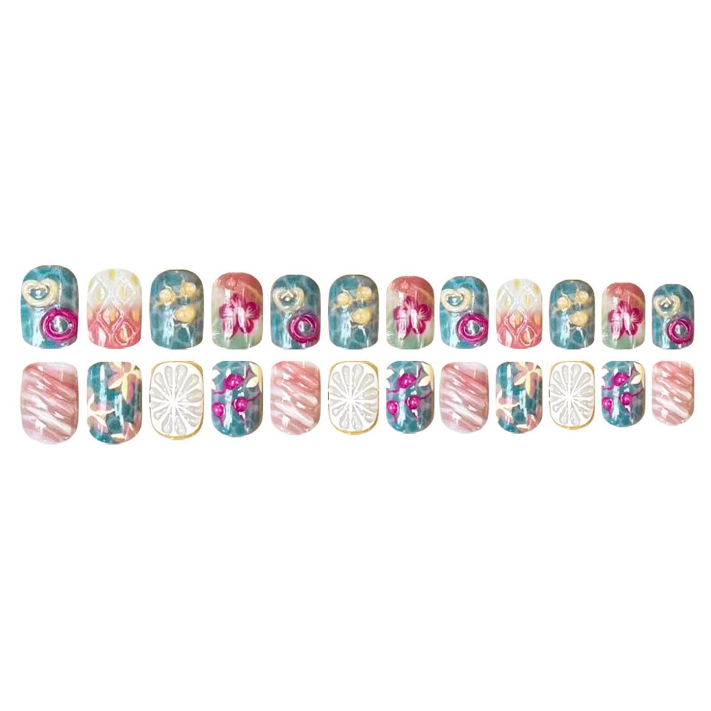 Summer Press on Nails Short Square Fake Nails with 3D Lemon Heart Flower Designs Pink Nails Press ons Blue Pink Glue on Nails Glossy False Nails Cute Stick on Nails for Women 24Pcs