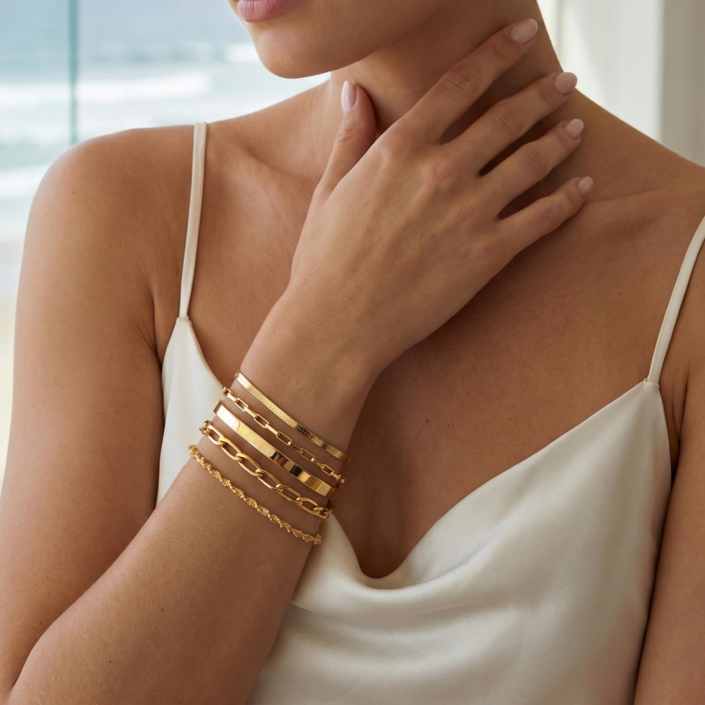 Chunky Gold Bracelets for Women Waterproof, Stack Bracelet Set Layered Chunky Bangle, Box Link, Paperclip, Herringbone, Sparkling Chain, Adjustable Waterproof Non Tarnish Jewelry Gifts for Women