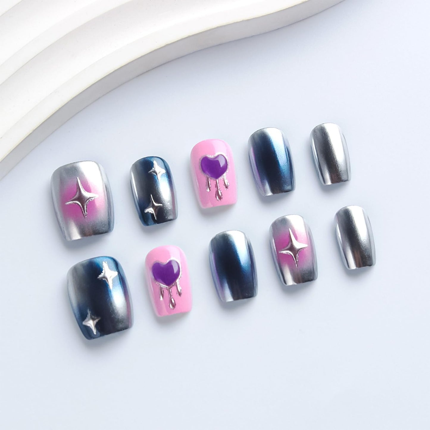 30Pcs Valentines Press on Nails Glossy Blue Aurora Powder Stick on Fingernails 3D Love Heart Acrylic Fake Nail Start Gel Glue on Nail Pink Gradient Short Square False Nails for Women Valentine's Gift