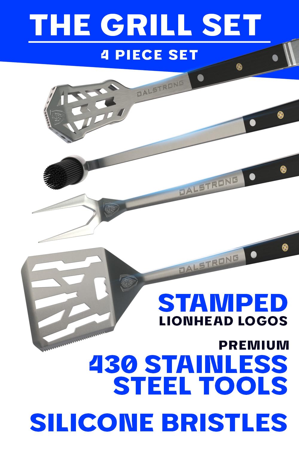 Dalstrong 4-Piece Professional BBQ Pitmaster Grill Set - Premium High-Carbon Stainless Steel Grilling - 18 inch Length - Silicone Brush, Spatula, Tongs, Fork - G10 Handles