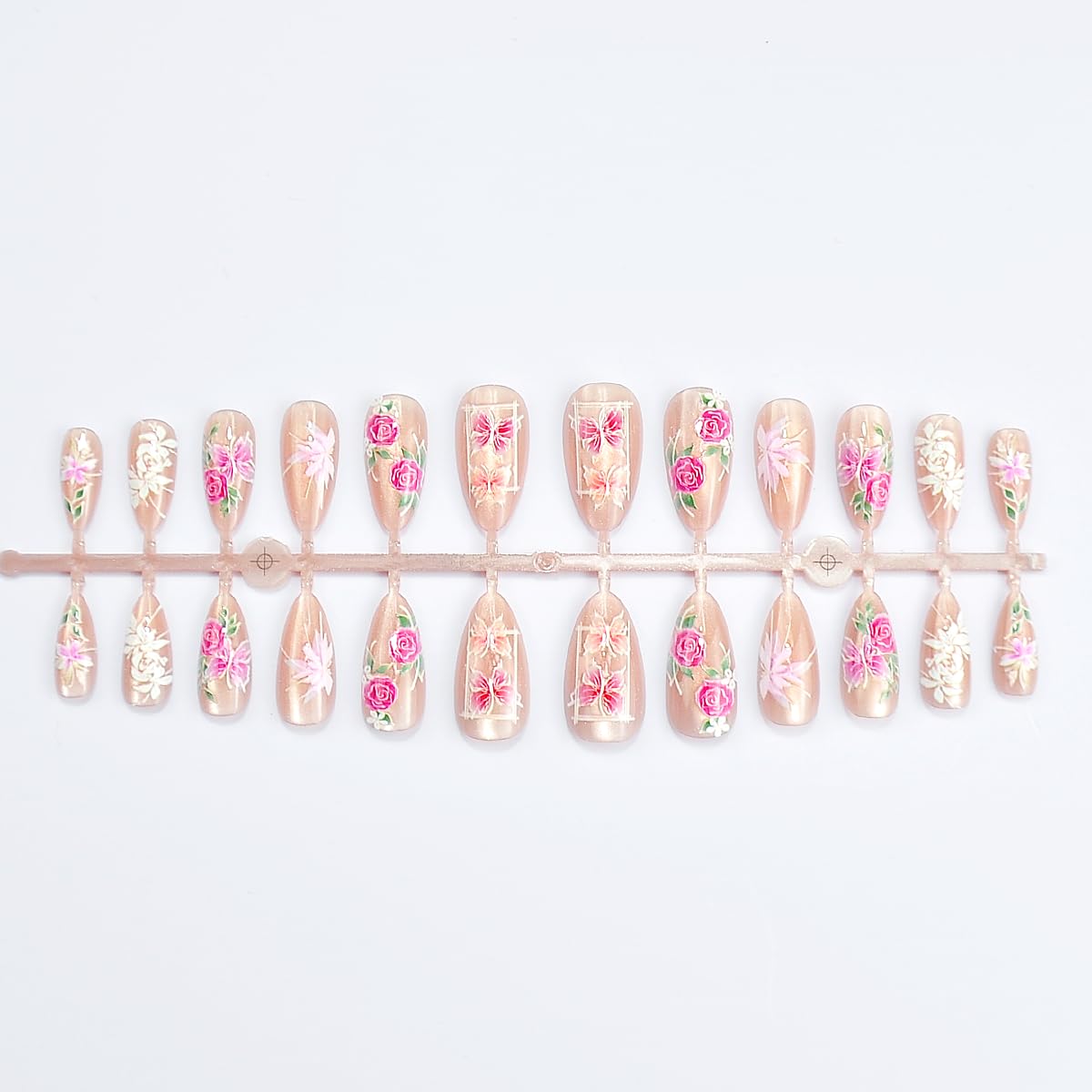 Spring Press on False Nails Gold Cat Eye Fake Nails Medium Almond Glue on Nails with Pink Flower Butterfly Designs Press ons Glossy Stick on Nail for Women Manicure 24Pcs
