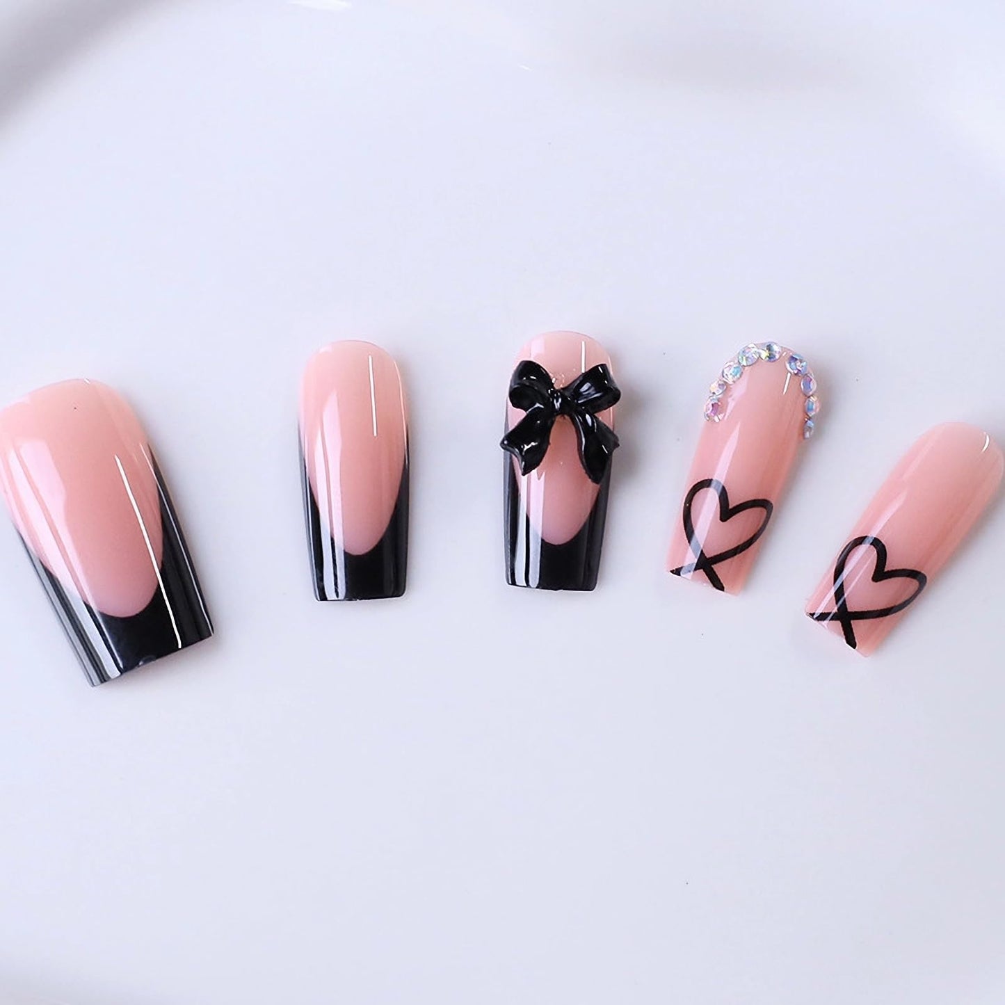 MISUD Press on Nails - Long Square Glue on Nails with Black French Tip, Acrylic Heart Bow Design 24 pcs