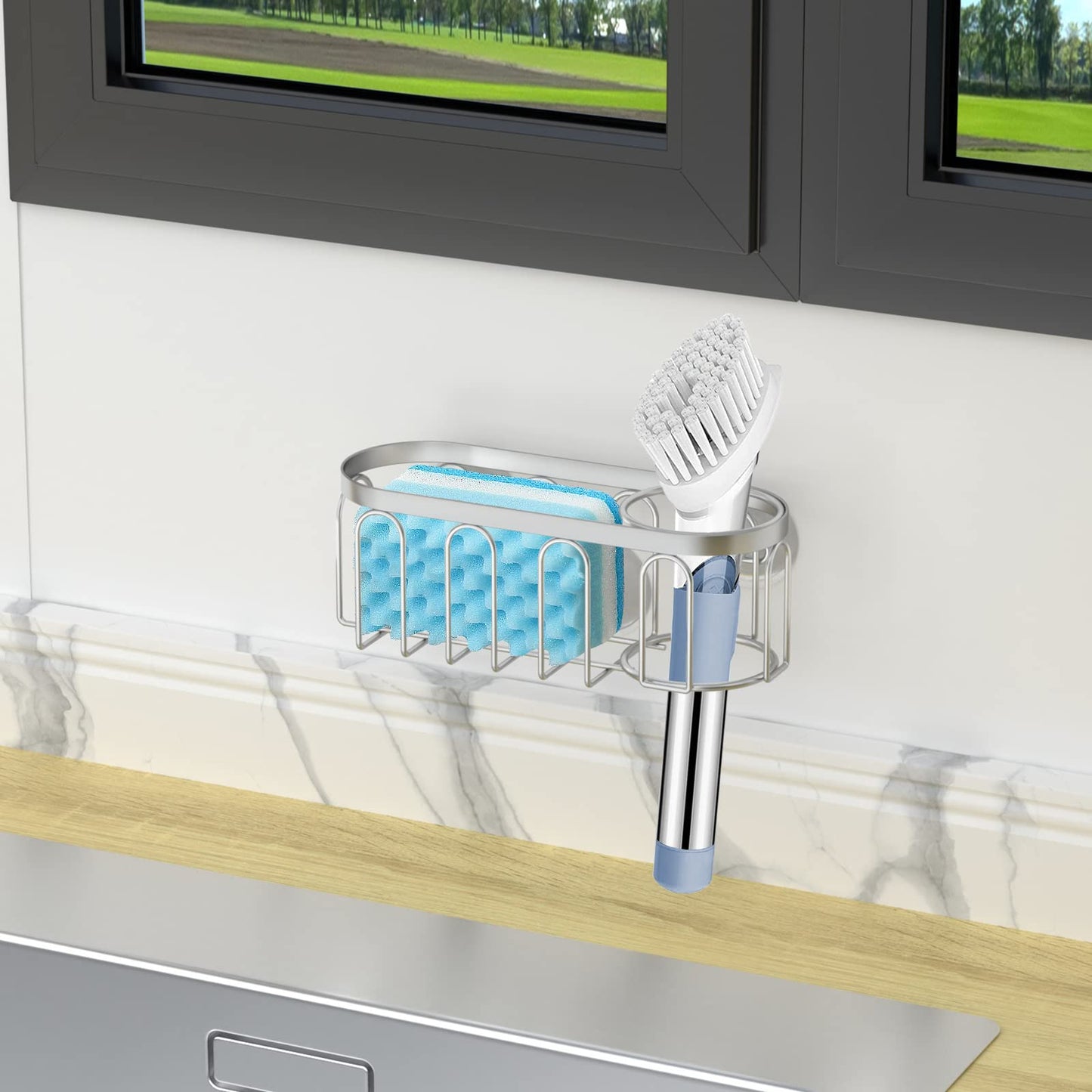 Yazoni 2-in-1 Sponge Holder for Kitchen Sink, Sink Caddy Kitchen Sink Organizer with 3 Suction Cups, No Drill Rustproof Sink Sponge Holder for Dish Brush, Soap & Sponge (Silver)