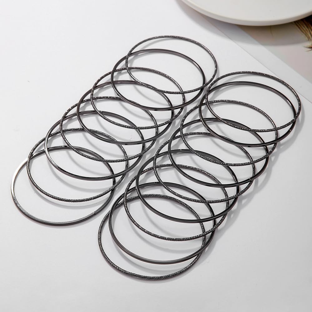 RINTOLER 17Pcs Black Bangle Bracelets for Women - Multi Layer Stackable Textured Bracelets Boho Jewelrys Set. (P SET-17pc Black)