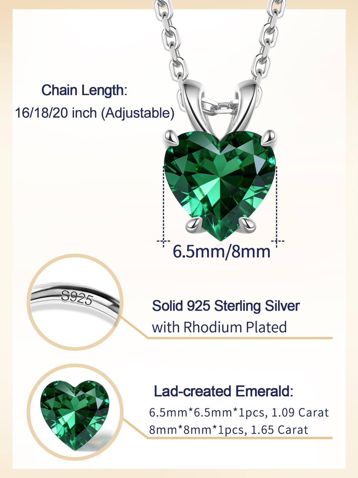 CYW 1 Carat Green Emerald Small Heart Necklace for Women 925 Sterling Silver Solitaire Pendant Necklace