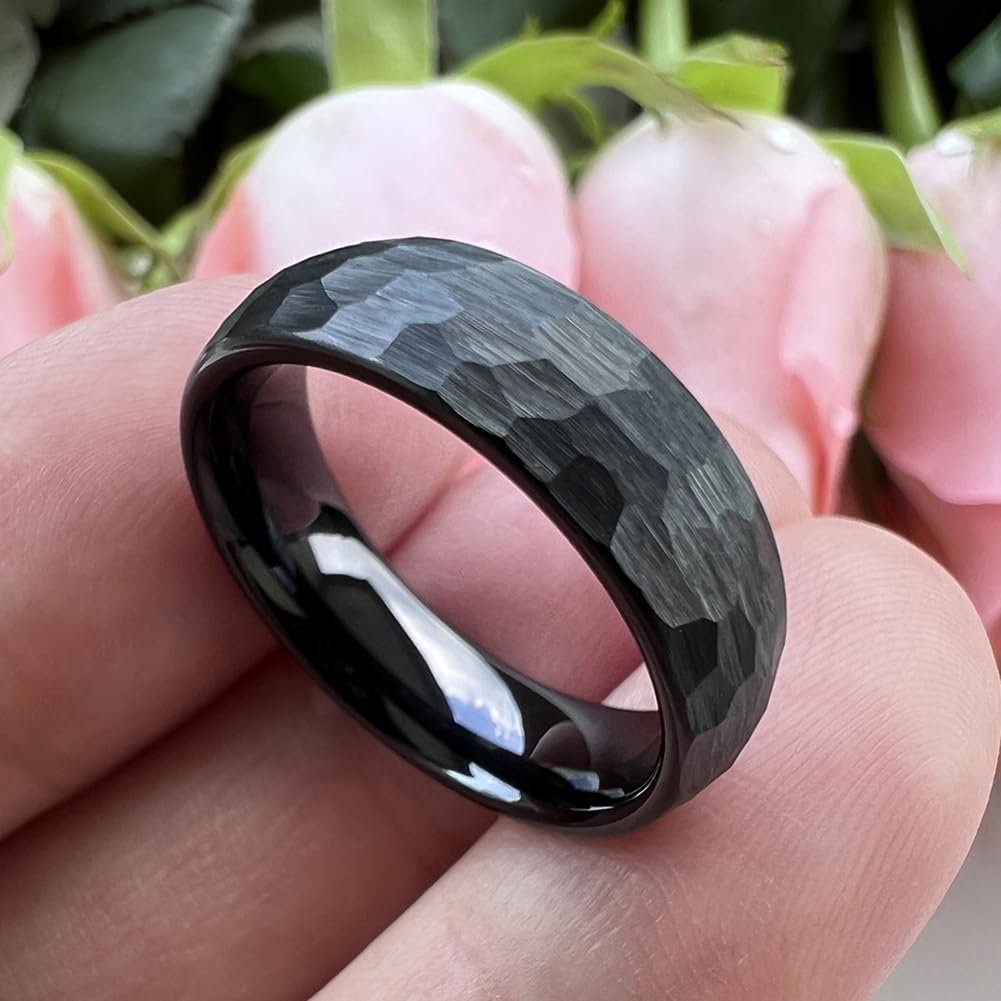 TUTISS 6mm Black Hammered Tungsten Rings for Men Women Fashion Engagement Wedding Bands Domed Matte Finish Comfort Fit Size 10