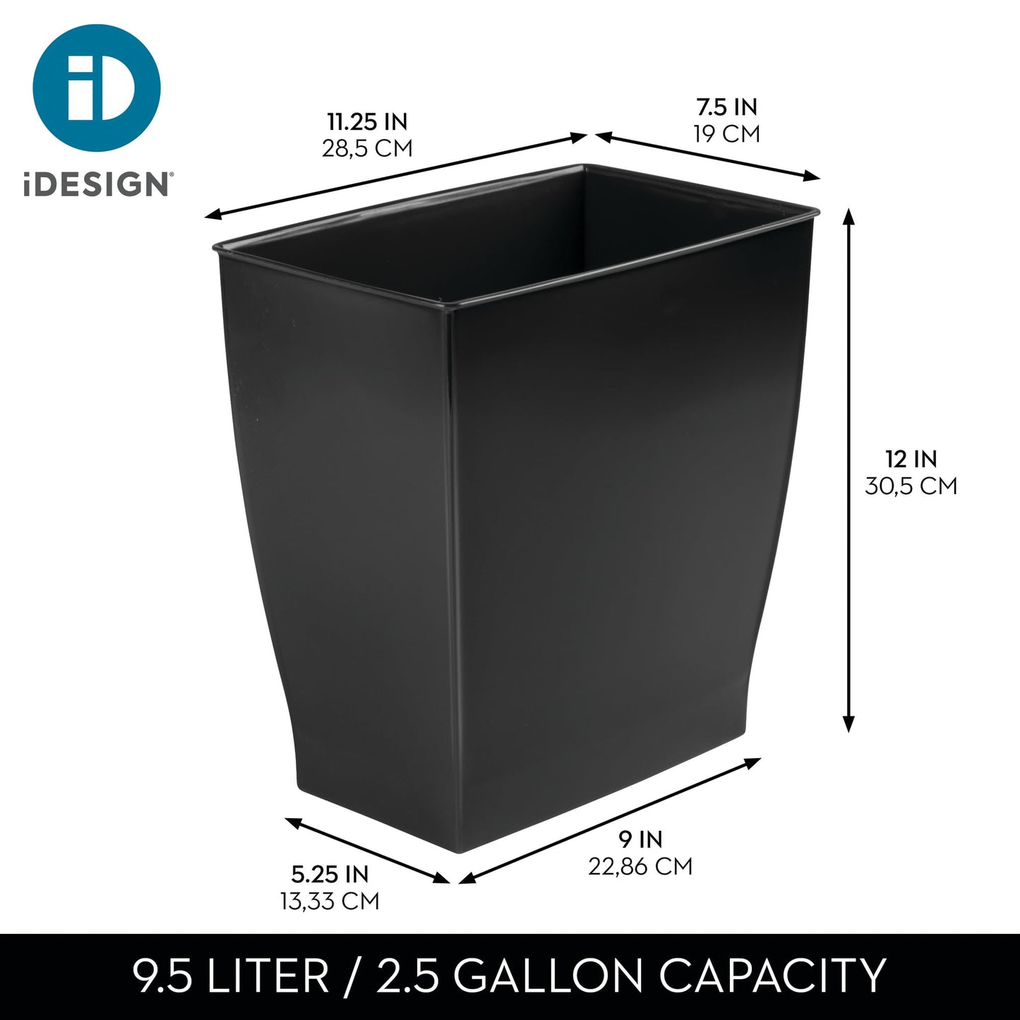 iDesign Small Plastic Bathroom Trash Can, Slim Rectangle Garbage Bin for Bedroom, Office, Dorm, Black