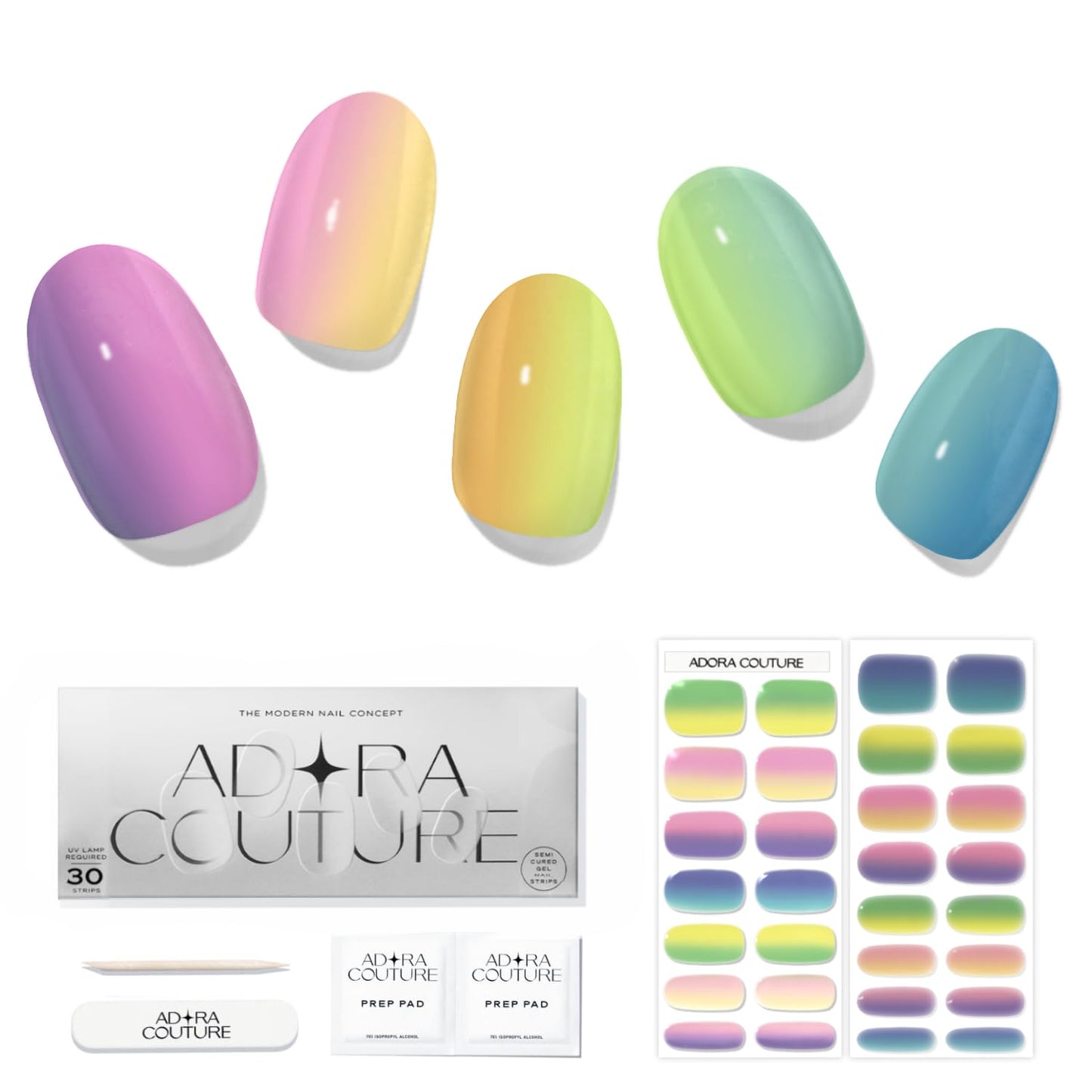 Adora Couture Semi Cured Gel Nail Strips with 30 Pieces - Salon Quality Manicure Kit for Women Easy Application Wraps Includes Prep Pads Nail File Wooden Stick, UV Light Required (M Rainbow)