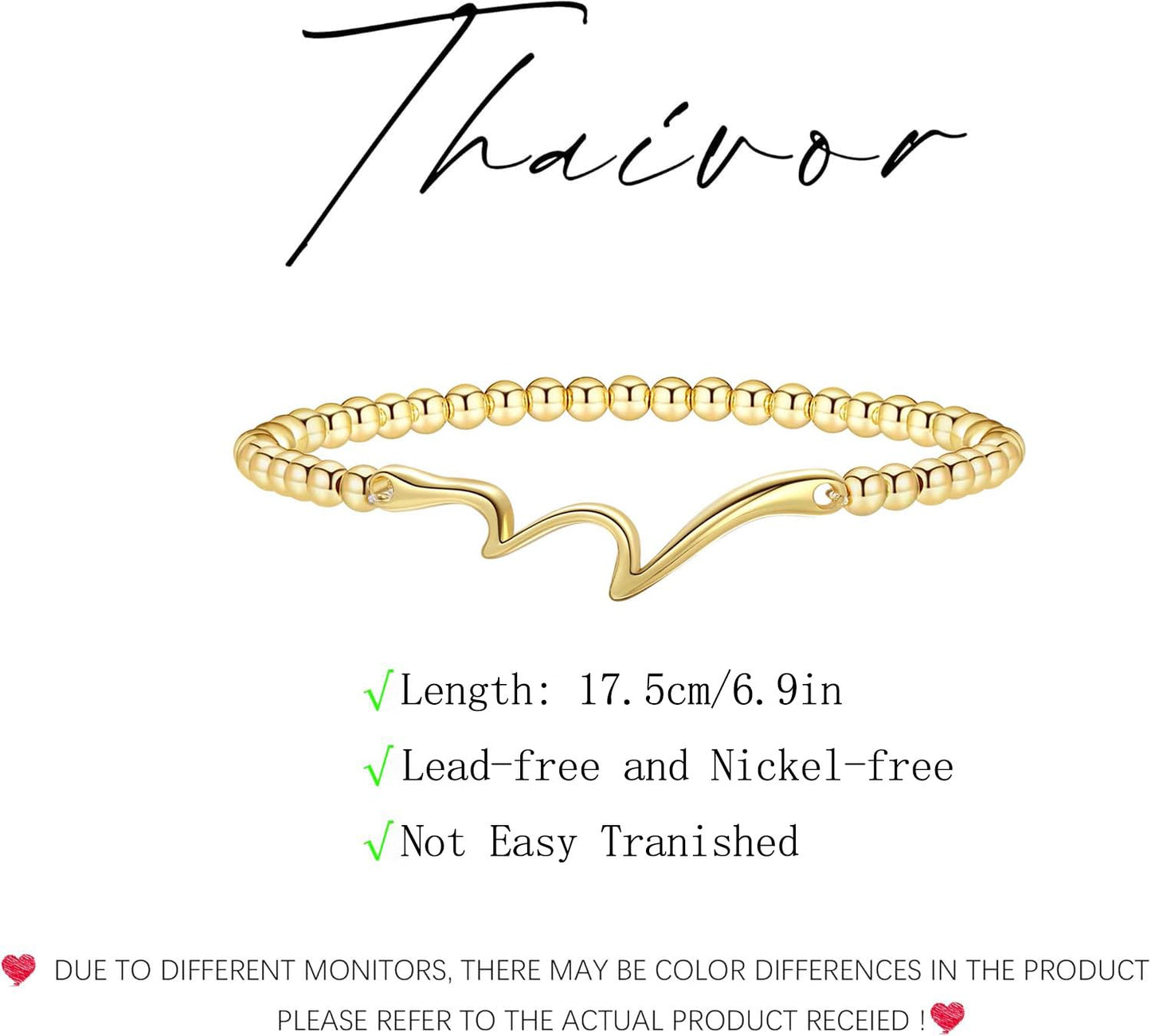 Beaded Bracelets for Women 14K Silver Gold Plated Stretch Handmade Ball Bracelets Cute Charm Bracelet Dainty Stackable Cross Heart Bow Wave CZ Circle Trendy Jewelry Easter Gifts (wave)