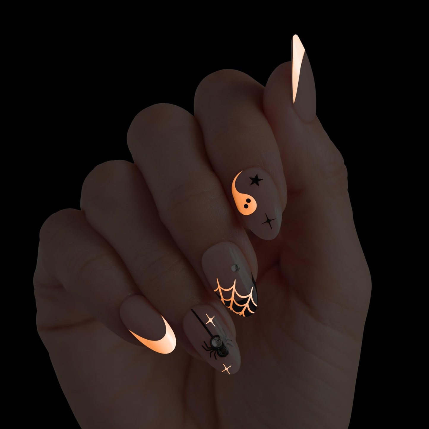 KISS imPRESS Halloween Press On Nails Almond, ‘Drop-dead Gorg’, White, Medium, Glossy Finish, No Glue, Glow-In-The-Dark, Includes Prep Pad, Mini Nail File, Manicure Stick & 30 Fake Nails