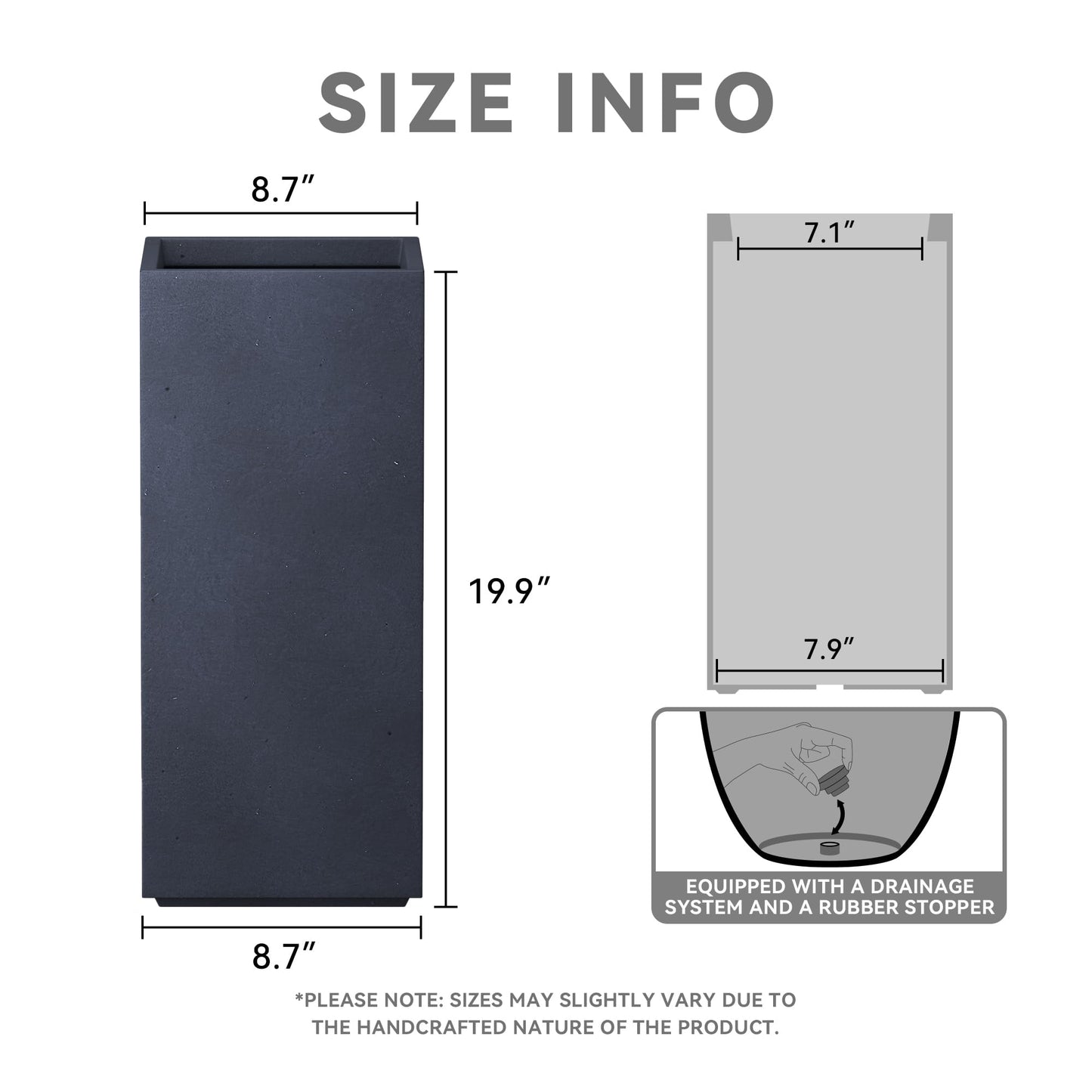 Kante 19.9" H Charcoal Concrete Planter, Tall Modern Rectangular Plant Pot with Drainage Hole & Rubber Plug, Crack-Resistant Lightweight Square Container for Indoor Outdoor Home Garden Patio