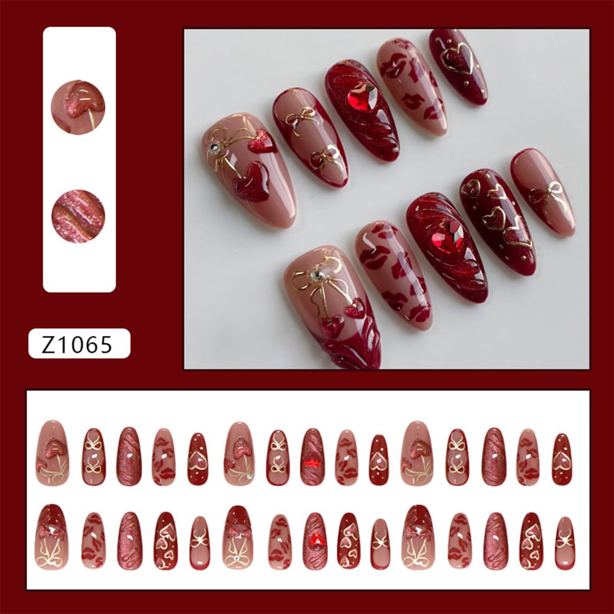 30Pcs Red Heart Press on Nails Medium Almond French Tip Fake Nails with Cute Openwork Bow Cherry Designs Sexy Lips Full Cover Acrylic Stick on Nail Romantic Valentines False Nails for Women DIY Kit