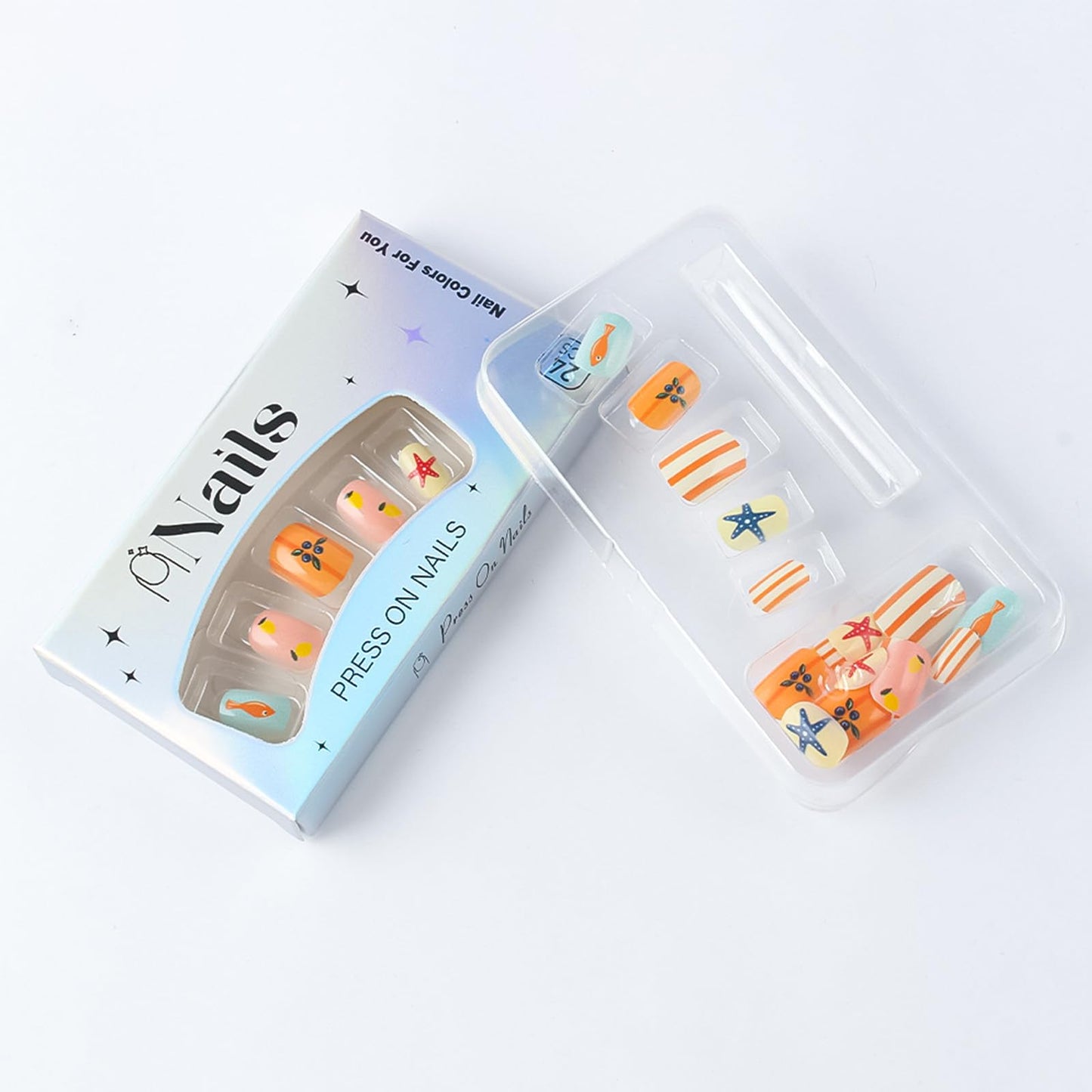 Short Square Press on Nails Summer Colorful Fake Nails with Starfish Blueberry Lemon Stripes Design Cute Cartoon False Nails Glossy Stick on Nail Artificial Glue on Nails for Women 24Pcs