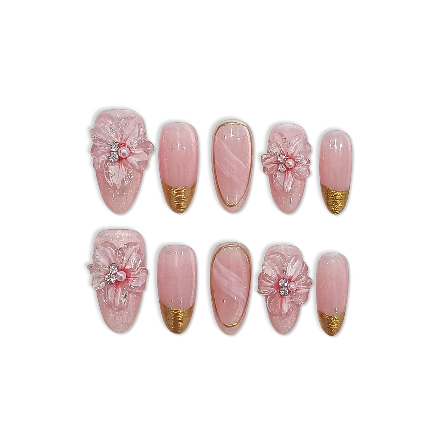 TENPAL Cat Eye Nude Pink Gold French Tips Press on Nails Medium Almond with 10Pcs Kit, Removable Summer Floral Blush Simple Cute Design for Women(XS)