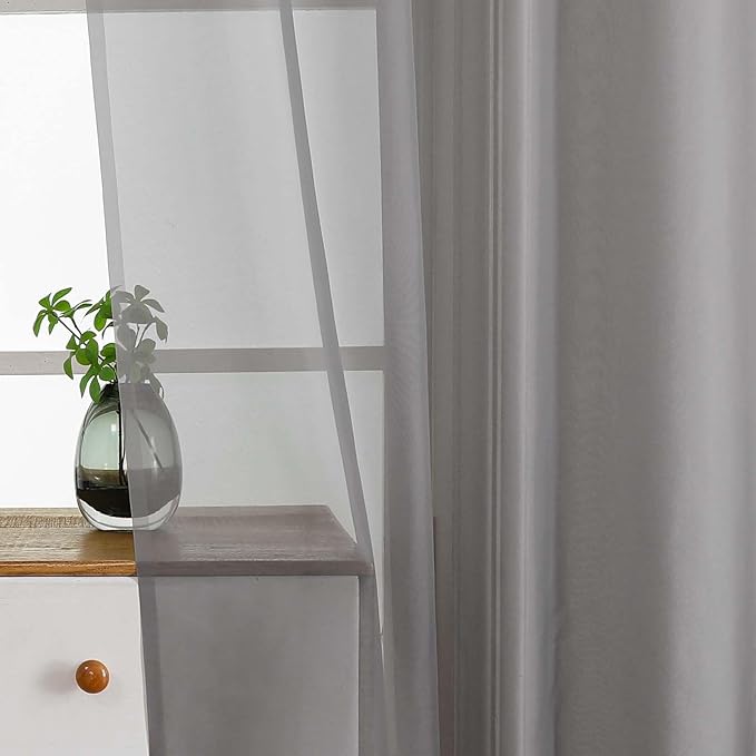 Grey Window Sheer Curtains 45 Inches Length, Voile Short Curtains for Living Room Bedroom, Modern Window Drapes 2 Panels, Top Dual Rod Pocket Design, Charcoal Grey, 2x42Wx45L Inches