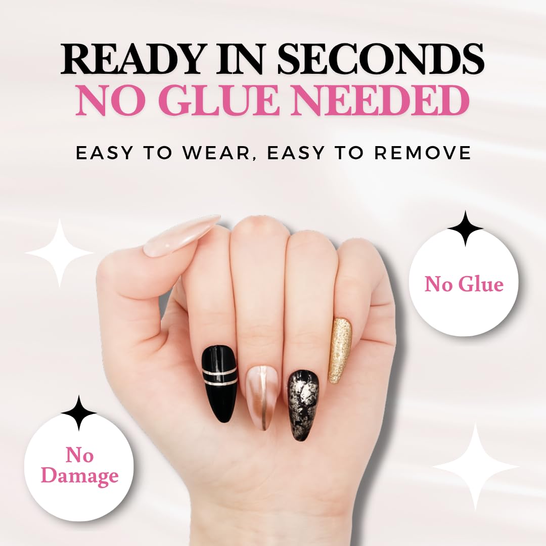 Votrenaeil Press On Nails - Midnight Glam | No Glue Short Almond Black & Nude Nails with Gold Chrome Accents - 24 Pcs Nail Kit with Adhesive Tabs