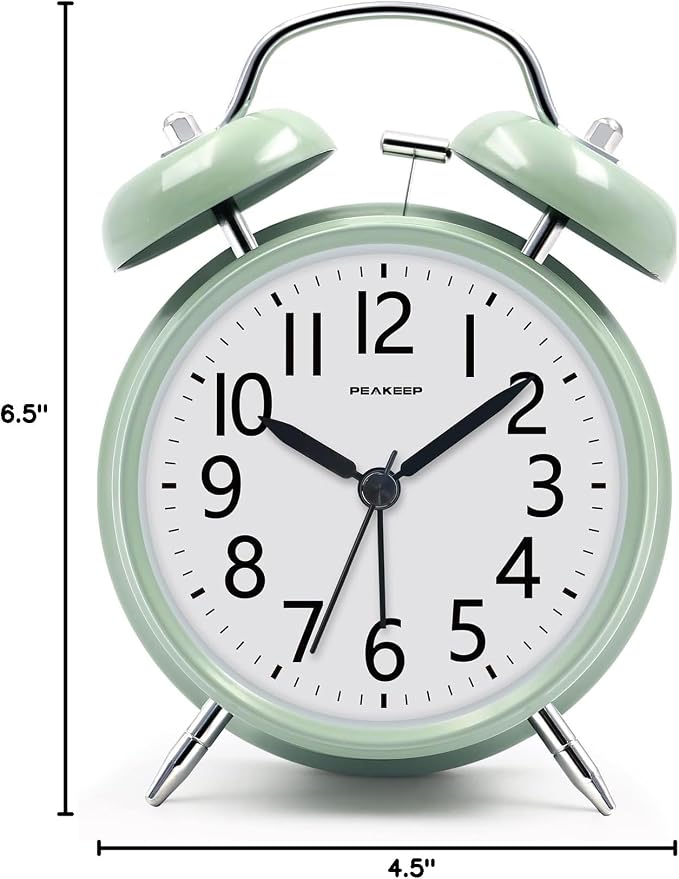 Peakeep Loud Battery Alarm Clock for Heavy Sleepers Adults Kids | Analog 4.5" Twin Bell Old School Fashioned Style for Bedrooms Living Kids?€? Room Decor (Avocado Green)