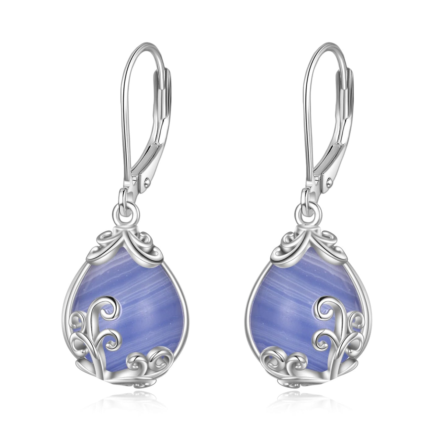 POPLYKE Blue Lace Agate Filigree Teardrop Drop Dangle Earrings Sterling Silver Crystal Leverback Earrings Jewelry for Women