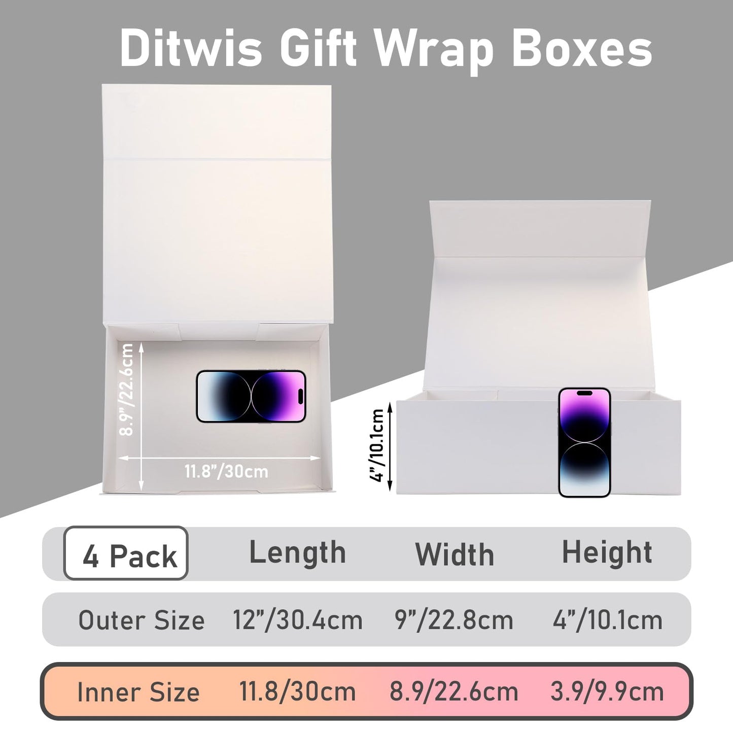 Ditwis 4 Pack 12x9x4 Inches Gift Boxes with Magnetic Closure Lids, White Magnetic Box for Wedding, Groomsmen Bridesmaid Proposal, Birthdays, Mother's Day