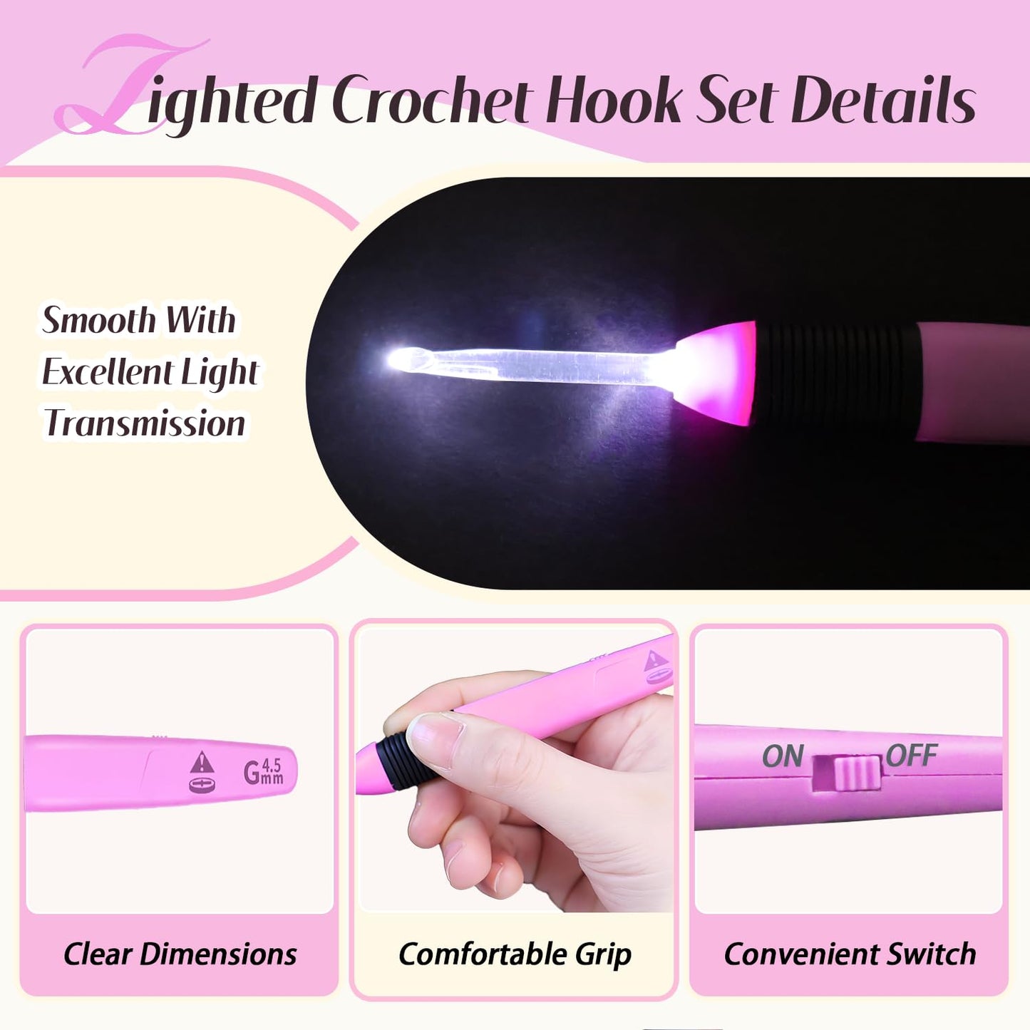 Yarniss Led Light Crochet Hooks Set with Case,9 Size Light Up Crochet Hooks 2.5mm~6.5mm Include Battery，Ergonomic Glow in Dark Handles