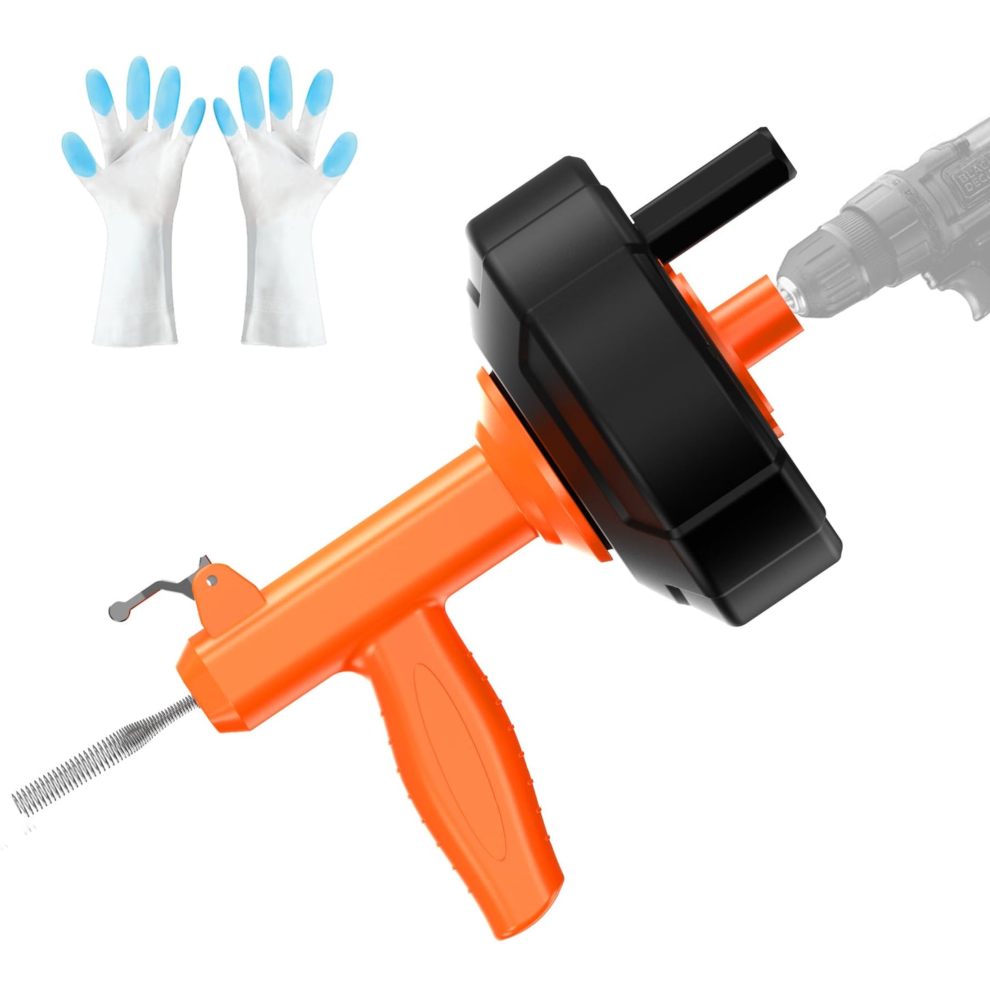 Drain Snake, Drain Auger with Drill Attachment, 25 Feet Plumbing Snake Auto Feed Flexible Hair Drain Clog Remover for Kitchen, Bathrom and Shower Sink with Gloves