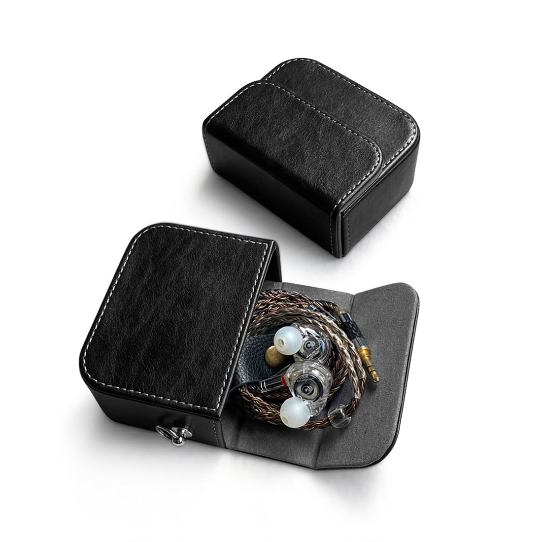 Earplug box, PU leather box for in ear headphones, portable protective case for wired headphones, storage bag for headphone accessories (black)