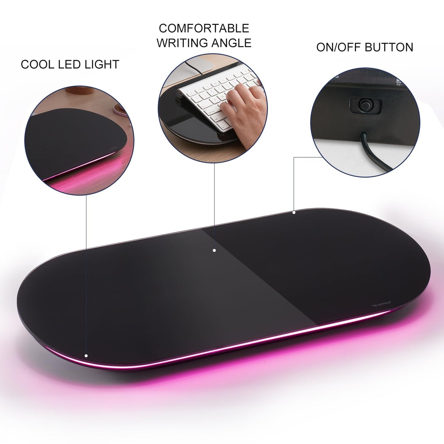TSJ OFFICE Glass Desktop Whiteboard - 17 X 7 Inches Small Dry Erase Board with Pink Light, Black Glass White Board Surface Notepad with 1 Drawer, Desk Organizers for Office, Home, School Supplies