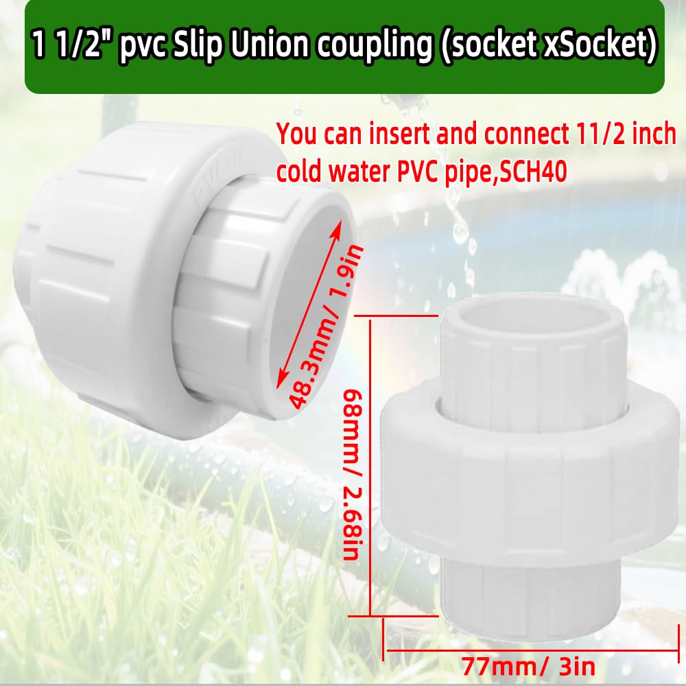 2Pcs 1-1/2" PVC Union Coupling Pipe Fitting (Socket x Socket),Schedule 40,Plumbing Fitting with EPDM O-Ring, White, 1.5" Pump Union for Spa Swimming Pool Pump, Farm Irrigation, Garden Watering.