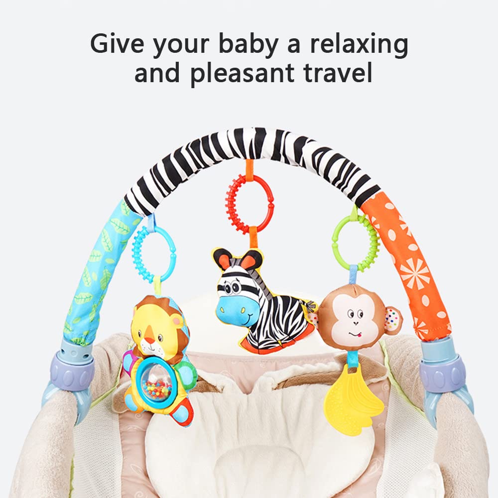 willway Adjustable Baby Travel Play Arch, Detachable Activity Musical Animal Toys Mobile for Bassinet Crib Stroller Pram Car Seat Mobiles Width Among 11.6-20.2 Inch with Rattles BB Squeaker Teether