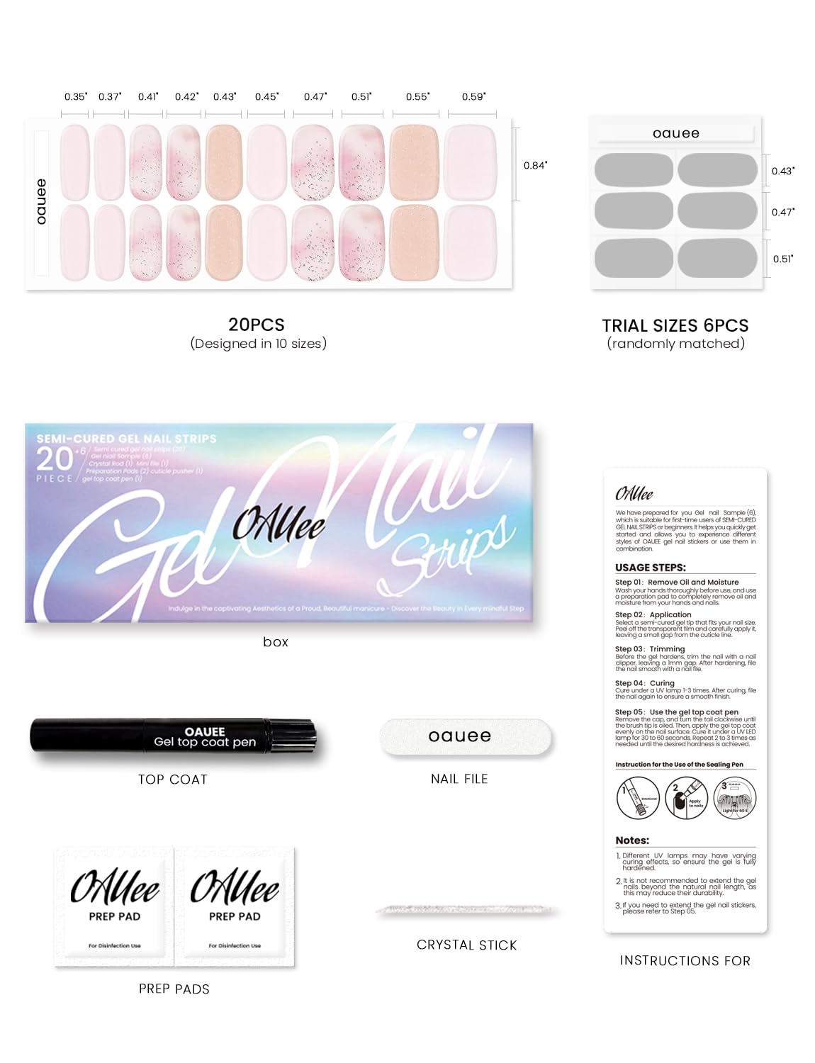 Oauee Semi Cured Gel Nail Strips | Built-In Gel Top Coat | UV Light Required | Salon Quality, Easy Application And Removal (Stardust Marble）