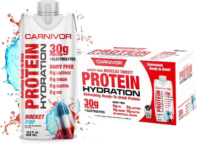 MuscleMeds Carnivor Protein Hydration RTD, Refreshing Ready to Drink, 30 g Isolate Protein, Lactose Free, Sugar Free, Electrolytes, Muscle Building, Recovery, Halal Certified, Rocket Pop, 16.9 Fl Oz