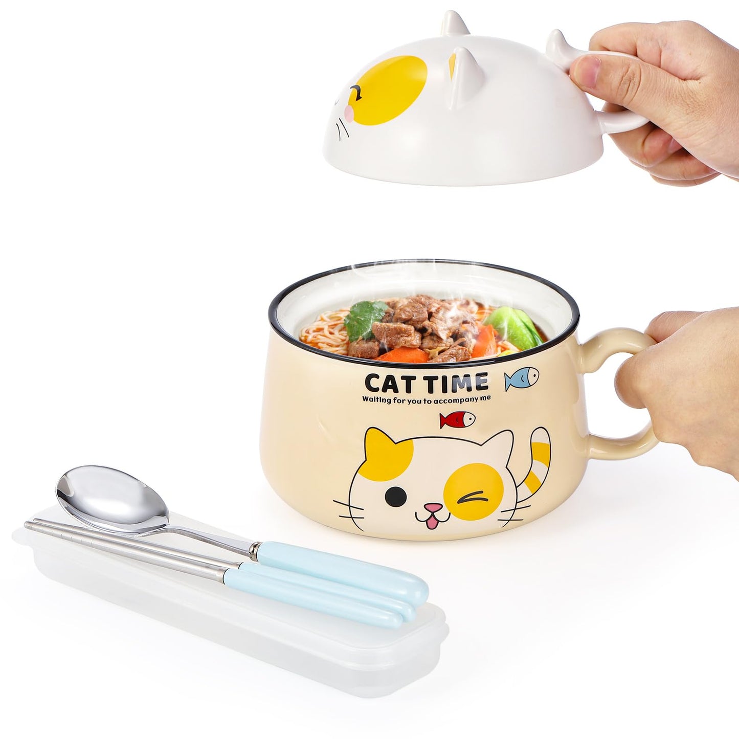 Cididu Ramen Bowl with Handle and Lid, 34.5 oz Ceramic Cute Cat Instant Noodle Bowls with Spoon Chopsticks for Dorm, Kitty Large Microwavable Japanese Soup Pot Bowl
