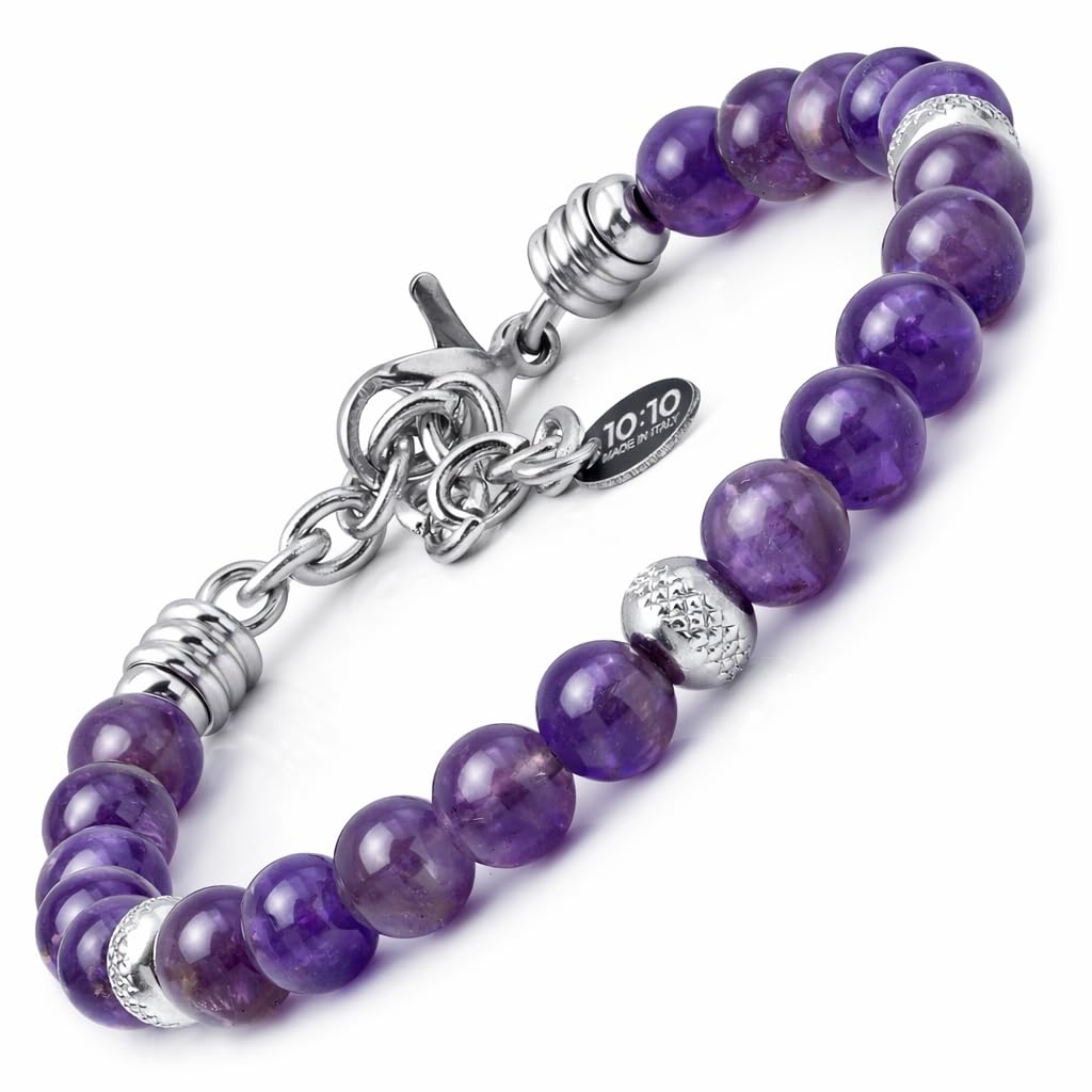 10:10 Beaded Bracelet for Men and Women – Natural Amethyst Gemstones and Stainless Steel – Adjustable, Durable and Elegant – Made in Italy