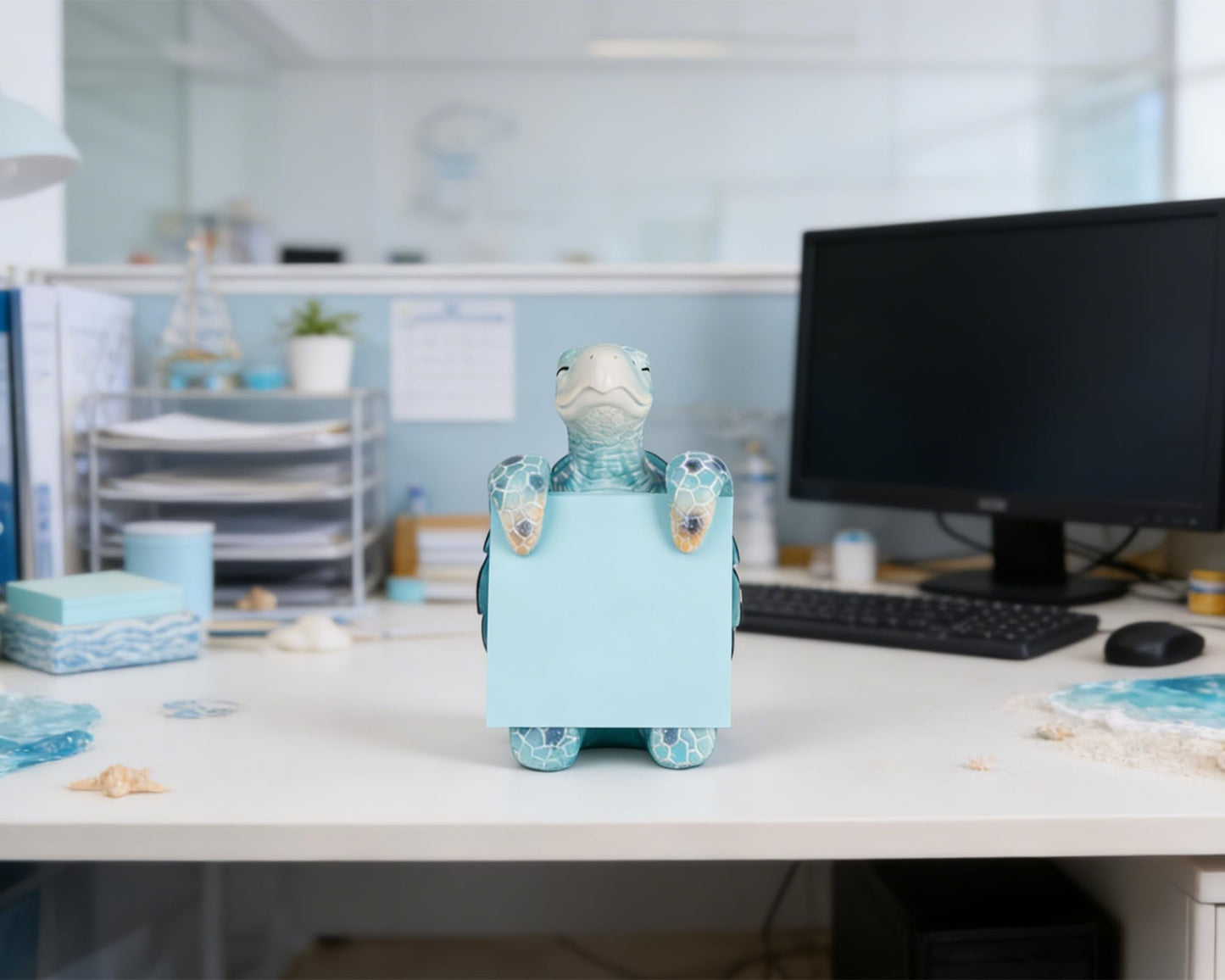 Sea Turtle Pop-up Sticky Note Dispenser, Includes 1 Pad of 3x3 in Super Sticky Notes, 100 Sheets, Resin Cute Handmade Desk Holder for Office & Home, Coastal Beach Decorations