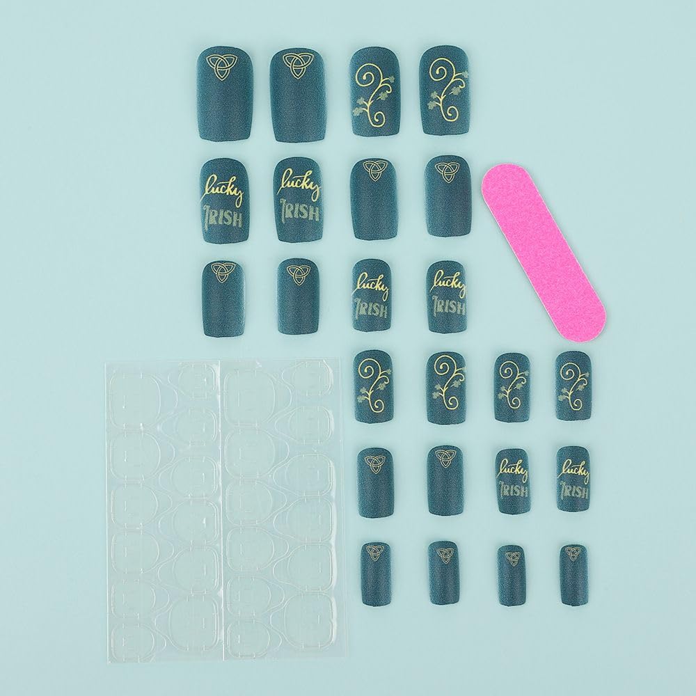 QQPPOLIU Green Press on Nails Square Medium Fake Nails with Design False Nails for Holiday 24Pcs