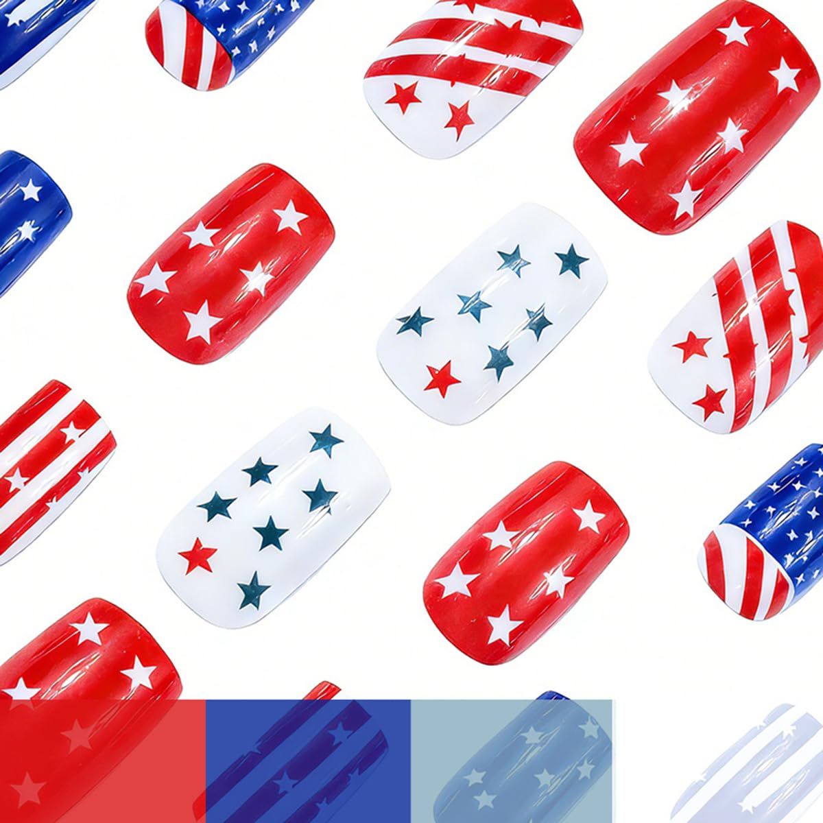 4th of July Press on Nails Red White Blue Fake Nails Medium Square False Nails Press ons with Star and Stripes Designs Patriotic Nail Acrylic Artificial Glue on Nails for Women Manicure 24Pcs